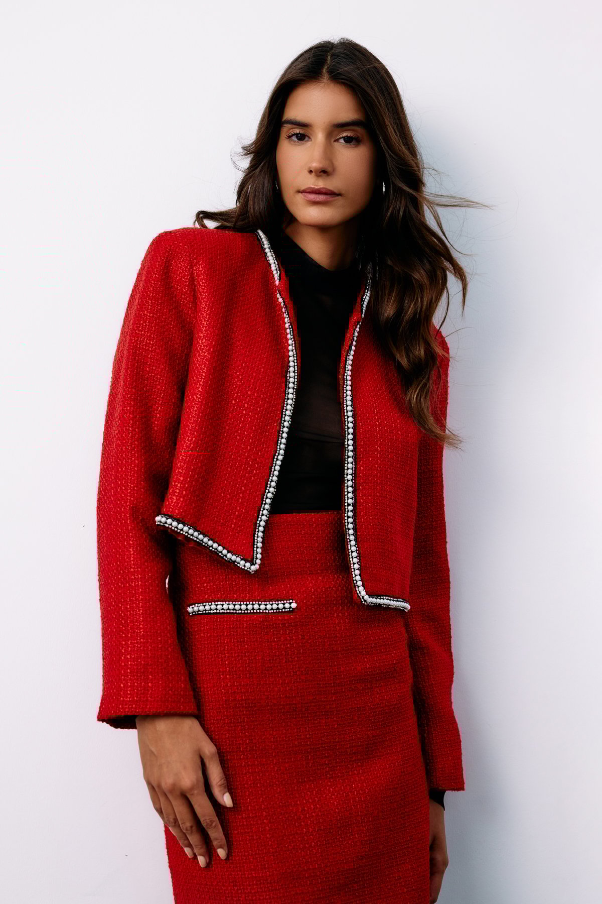 Aksesuar Detaylı Tüvit Ceket - KIRMIZI