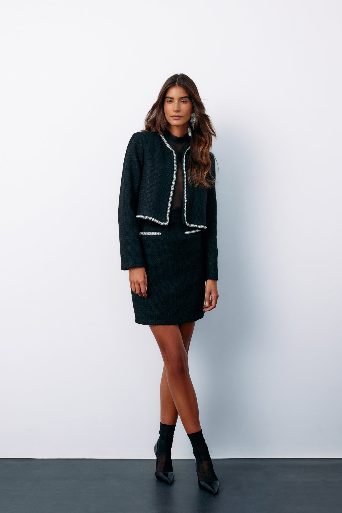 Tweed Skirt with Accessory Detail - BLACK