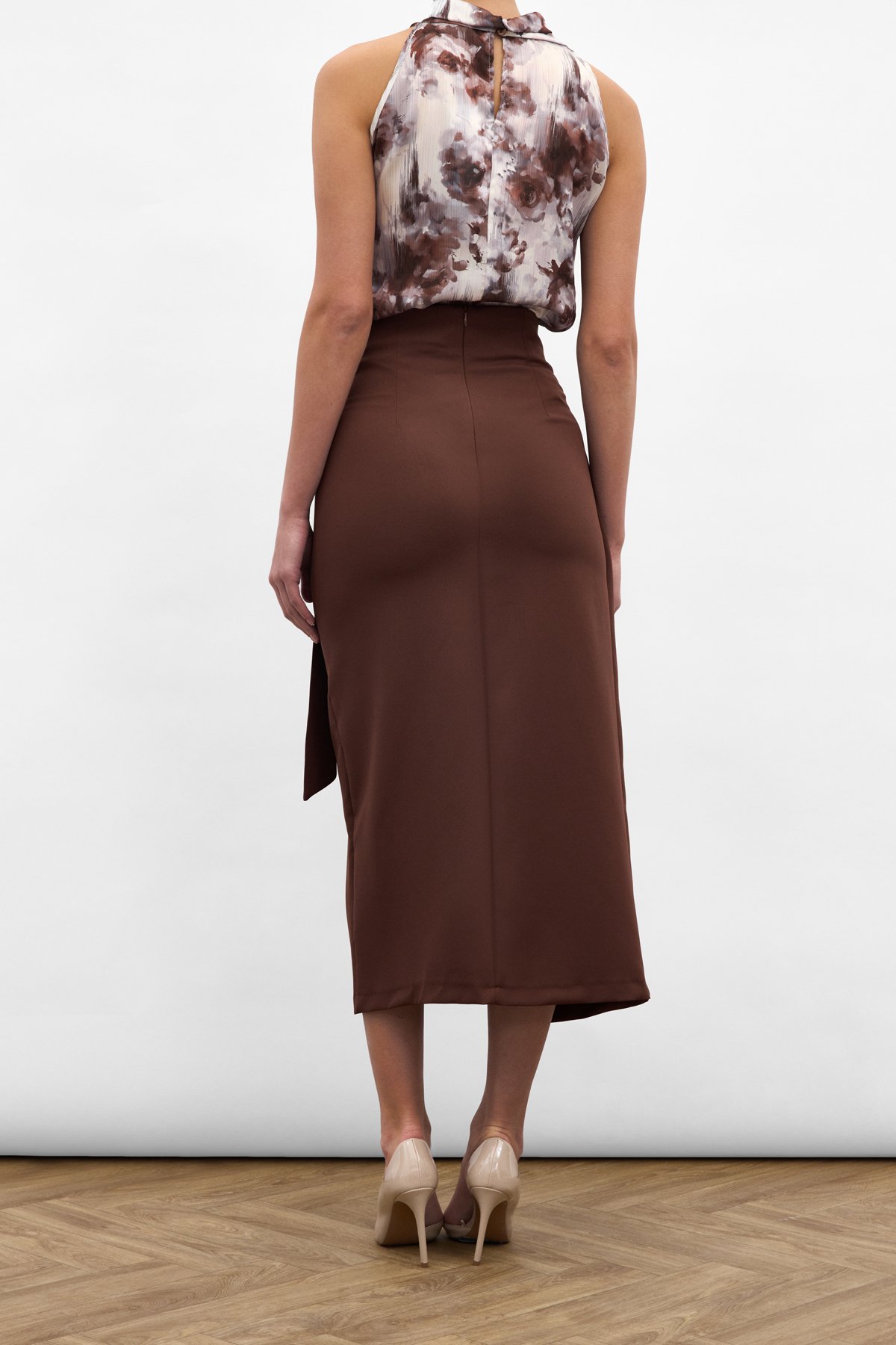 Aksesuar Kuşaklı Yırtmaçlı  Etek - Kahve