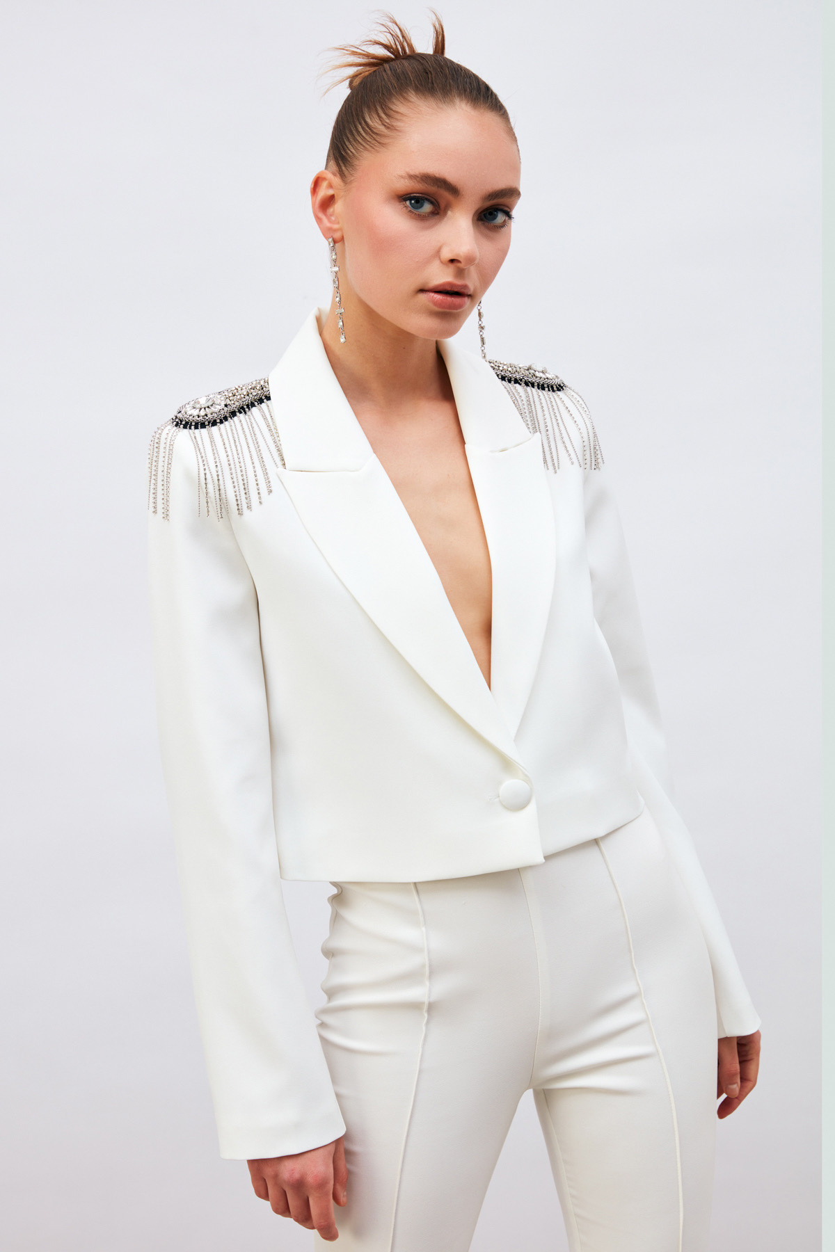 Aksesuarlı Crop Ceket - EKRU