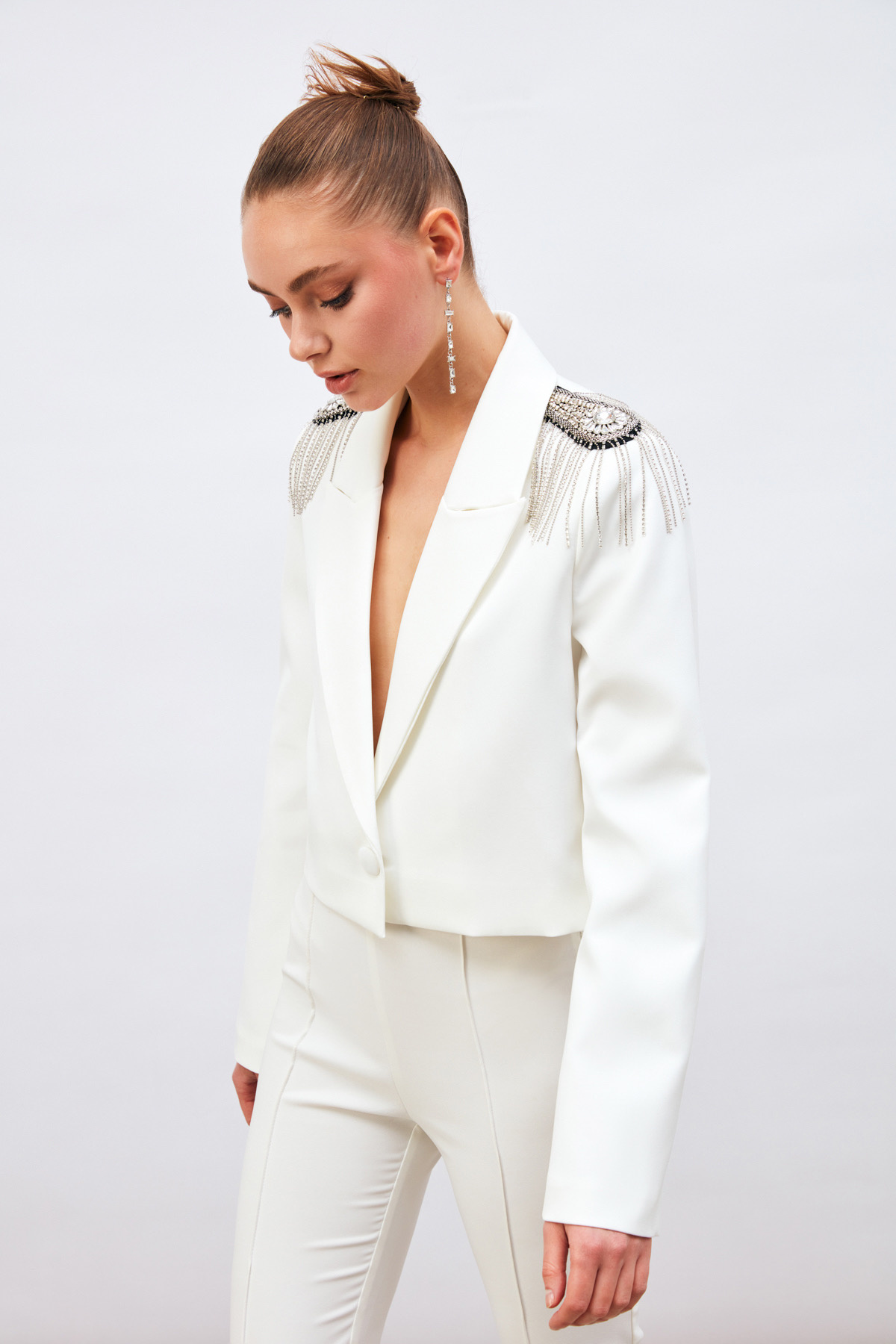 Aksesuarlı Crop Ceket - EKRU