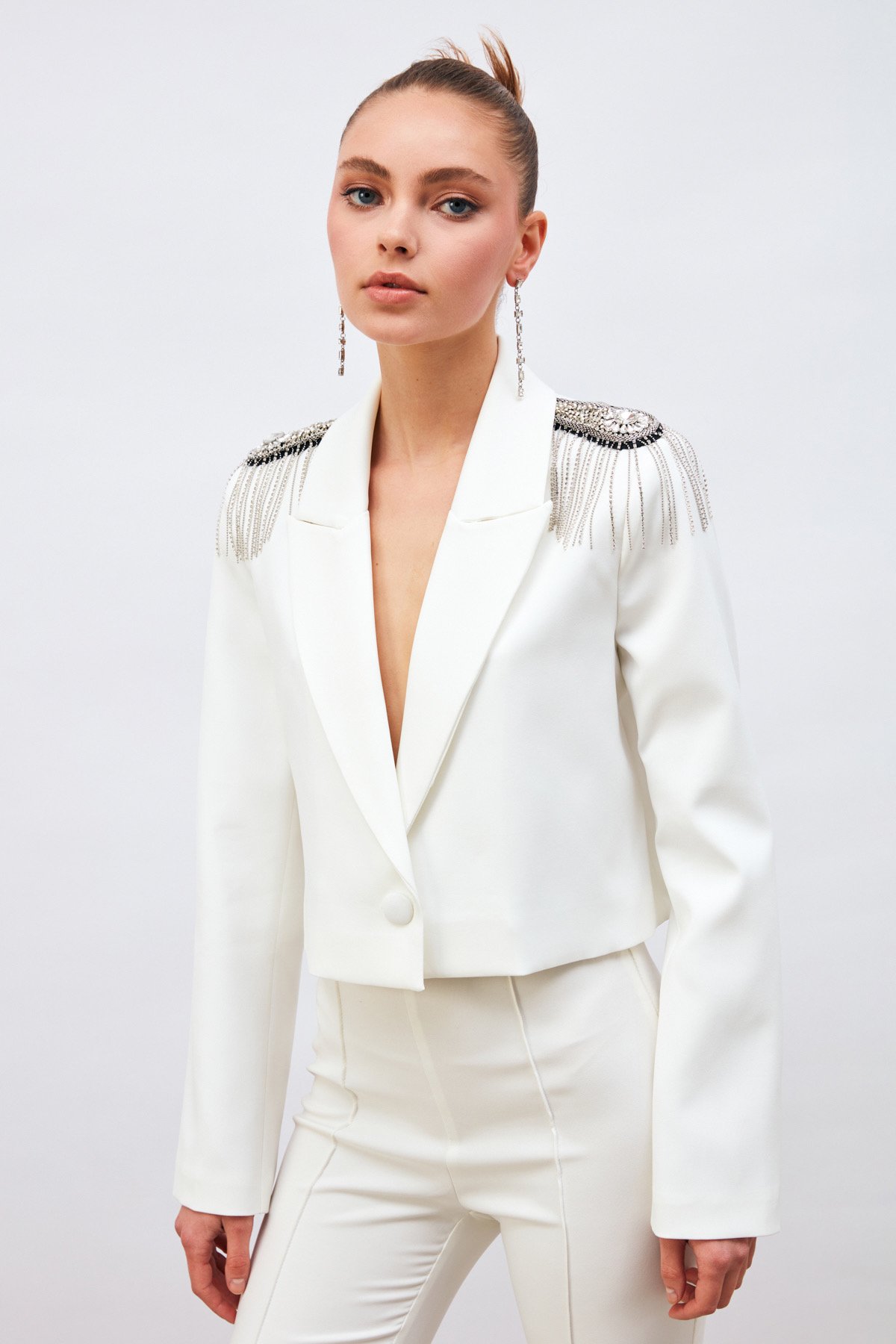 Aksesuarlı Crop Ceket - EKRU