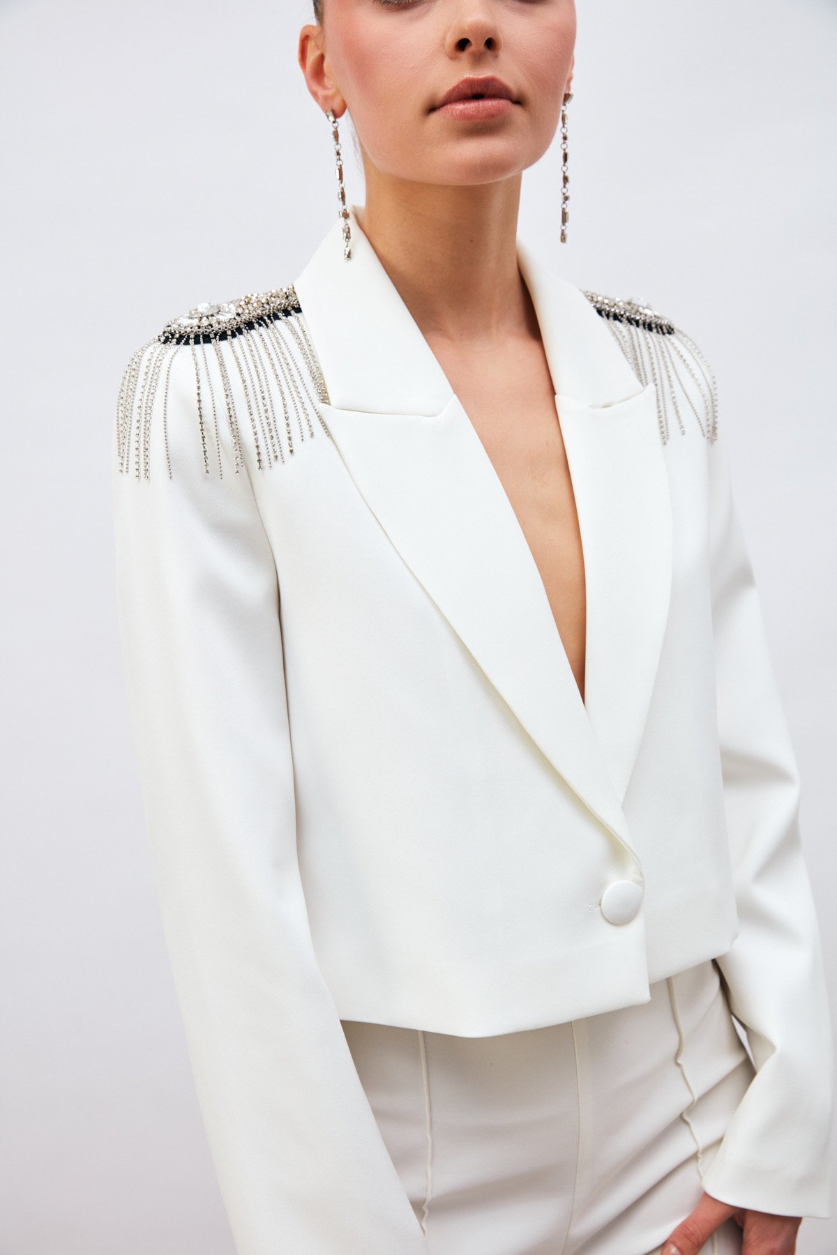 Aksesuarlı Crop Ceket - EKRU