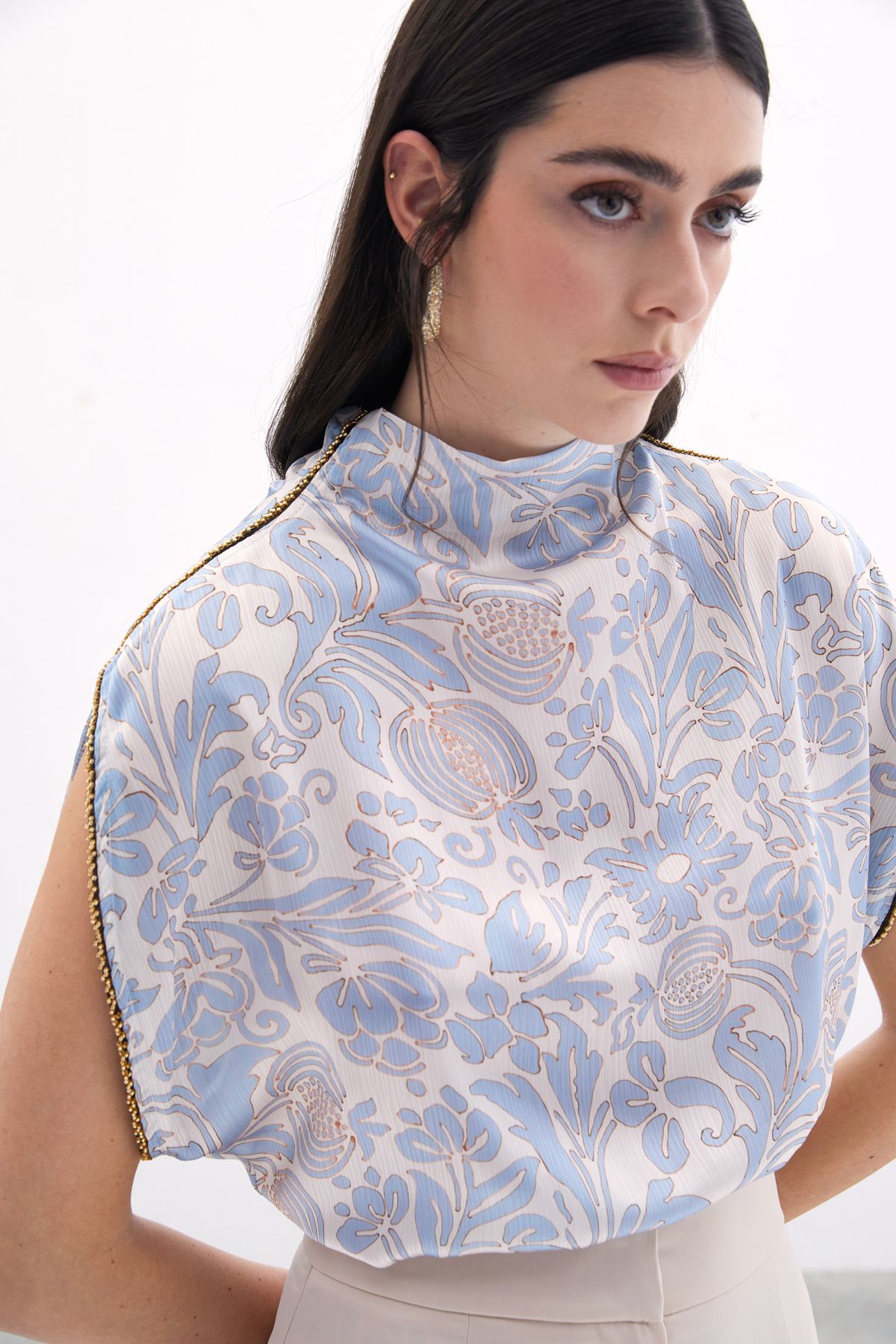 Aksesuarlı Yarasa Kol Bluz - Mavi