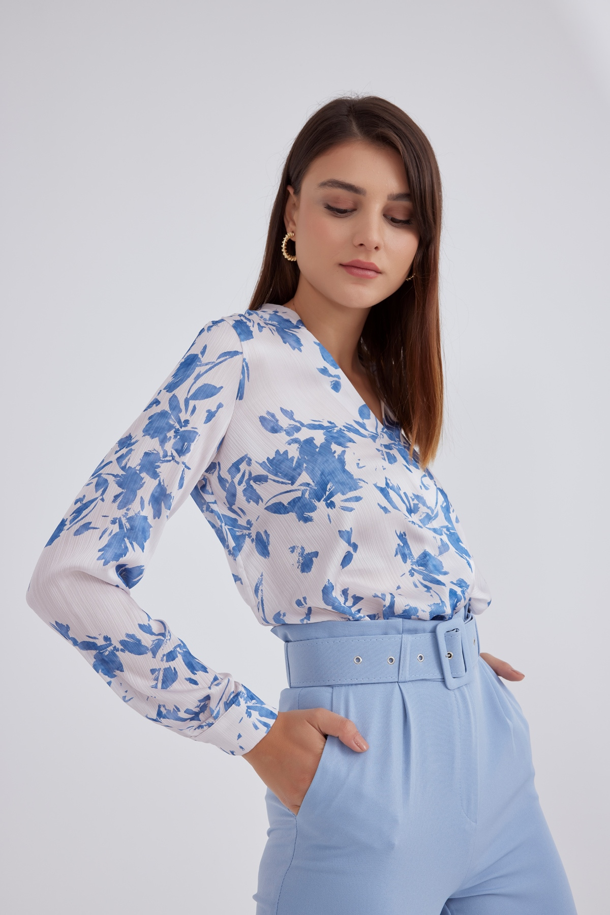 Anvelop çiçek desen bluz - İNDİGO