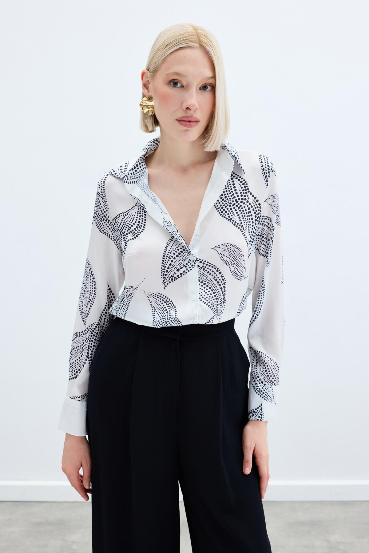 Arkası Uzun Desenli Gömlek - Ekru