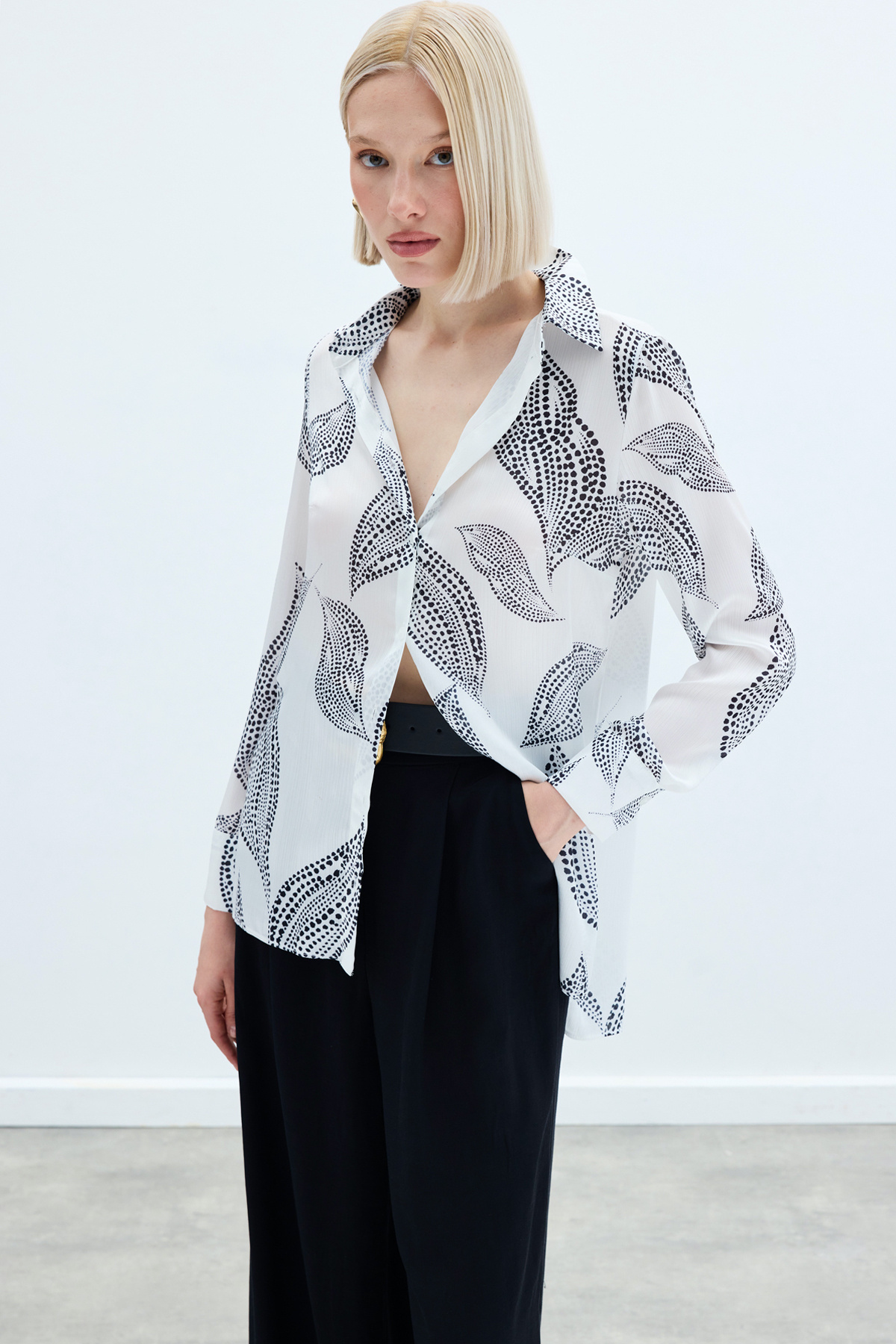 Arkası Uzun Desenli Gömlek - Ekru