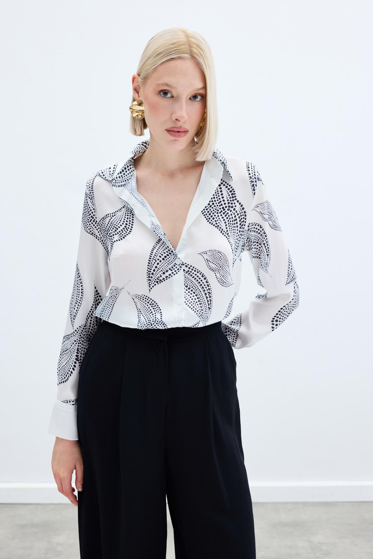 Arkası Uzun Desenli Gömlek - Ekru