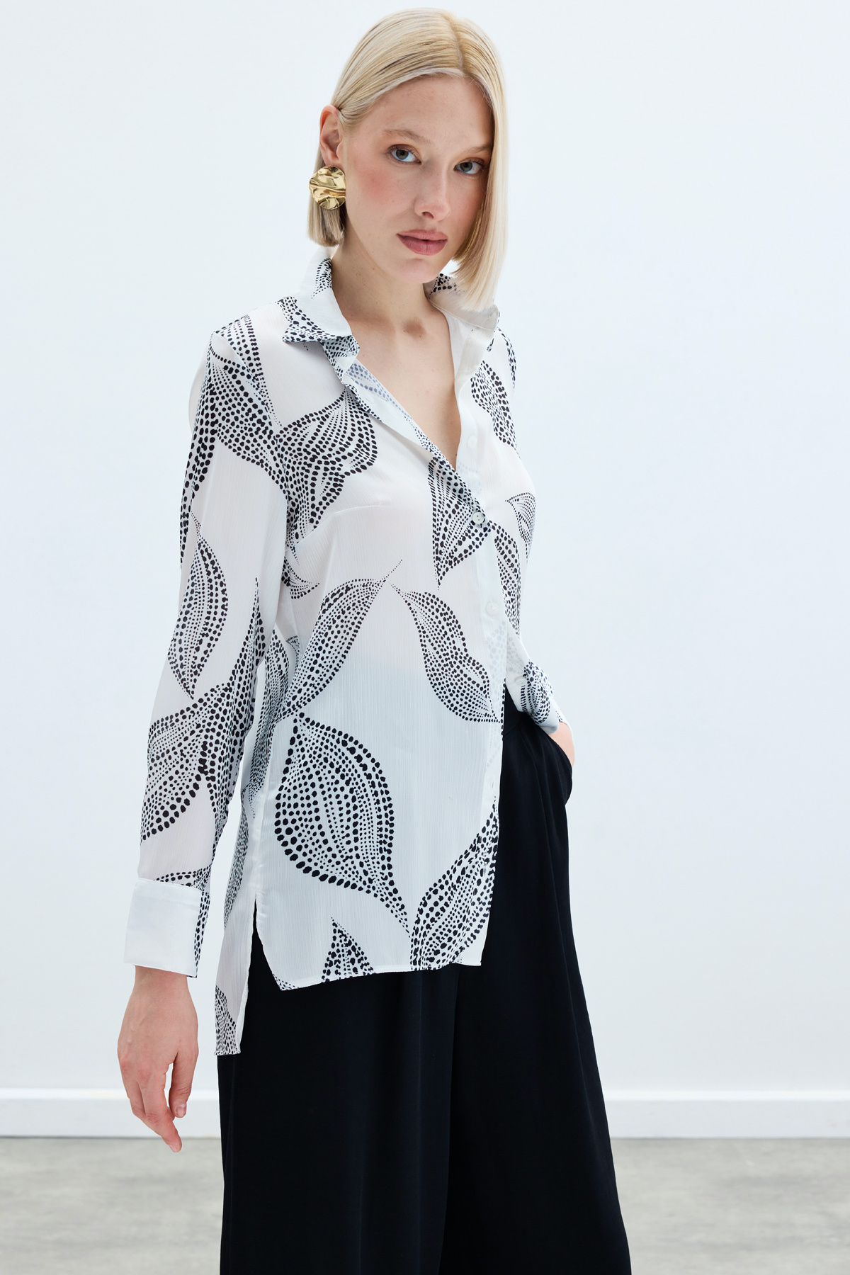 Arkası Uzun Desenli Gömlek - Ekru