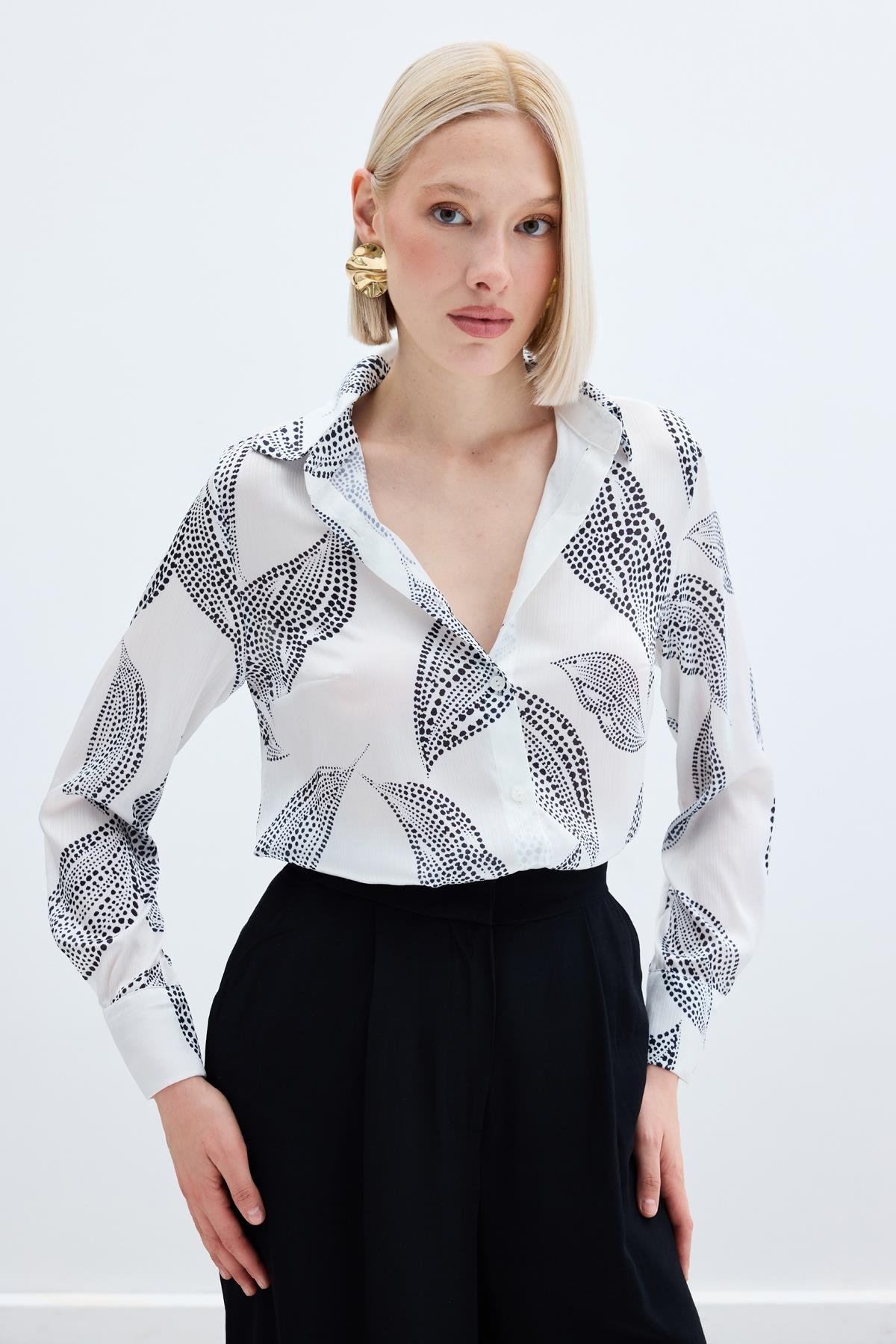 Arkası Uzun Desenli Gömlek - Ekru