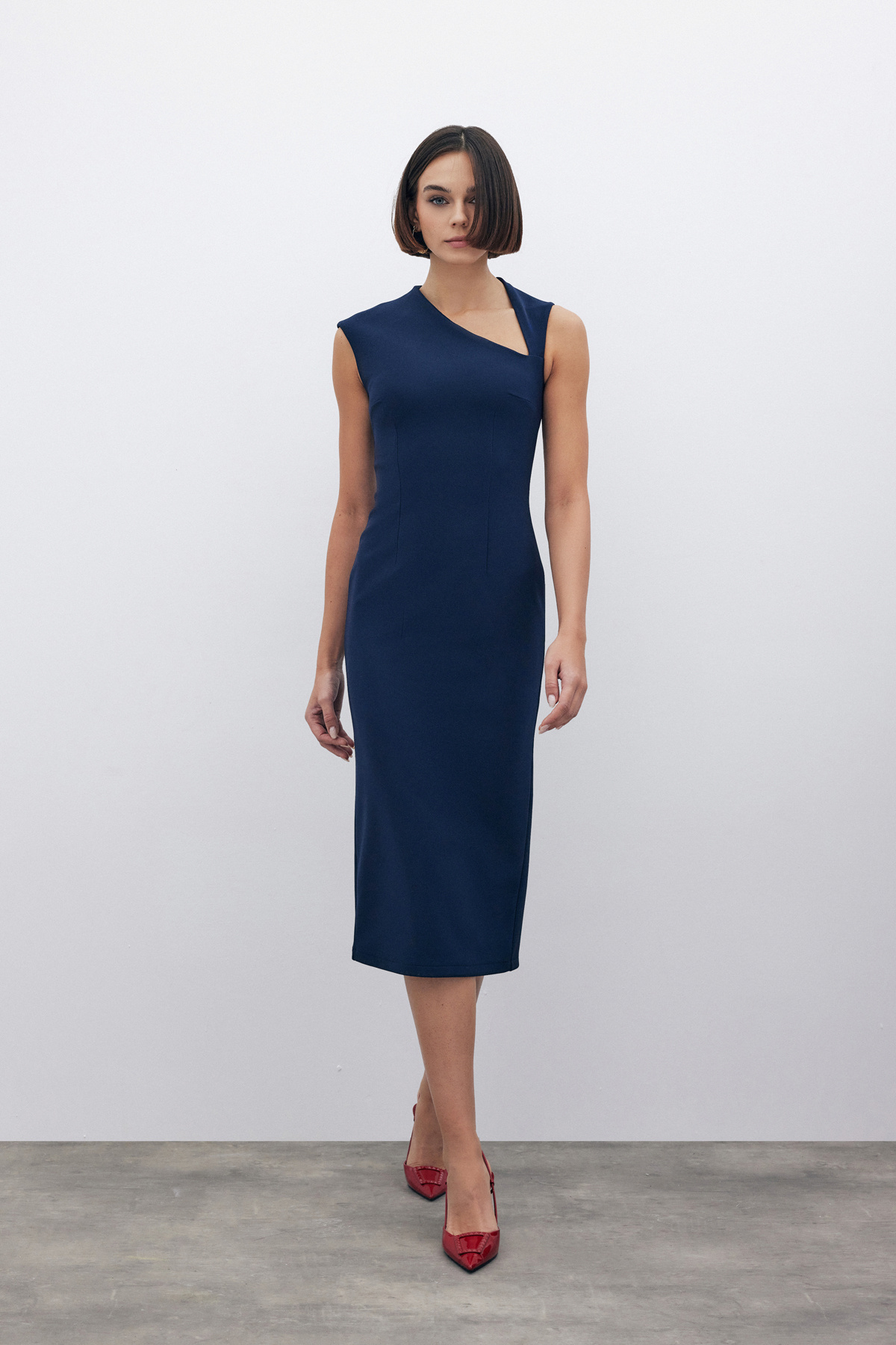 Asimetrik Midi Boy Elbise - LACİVERT