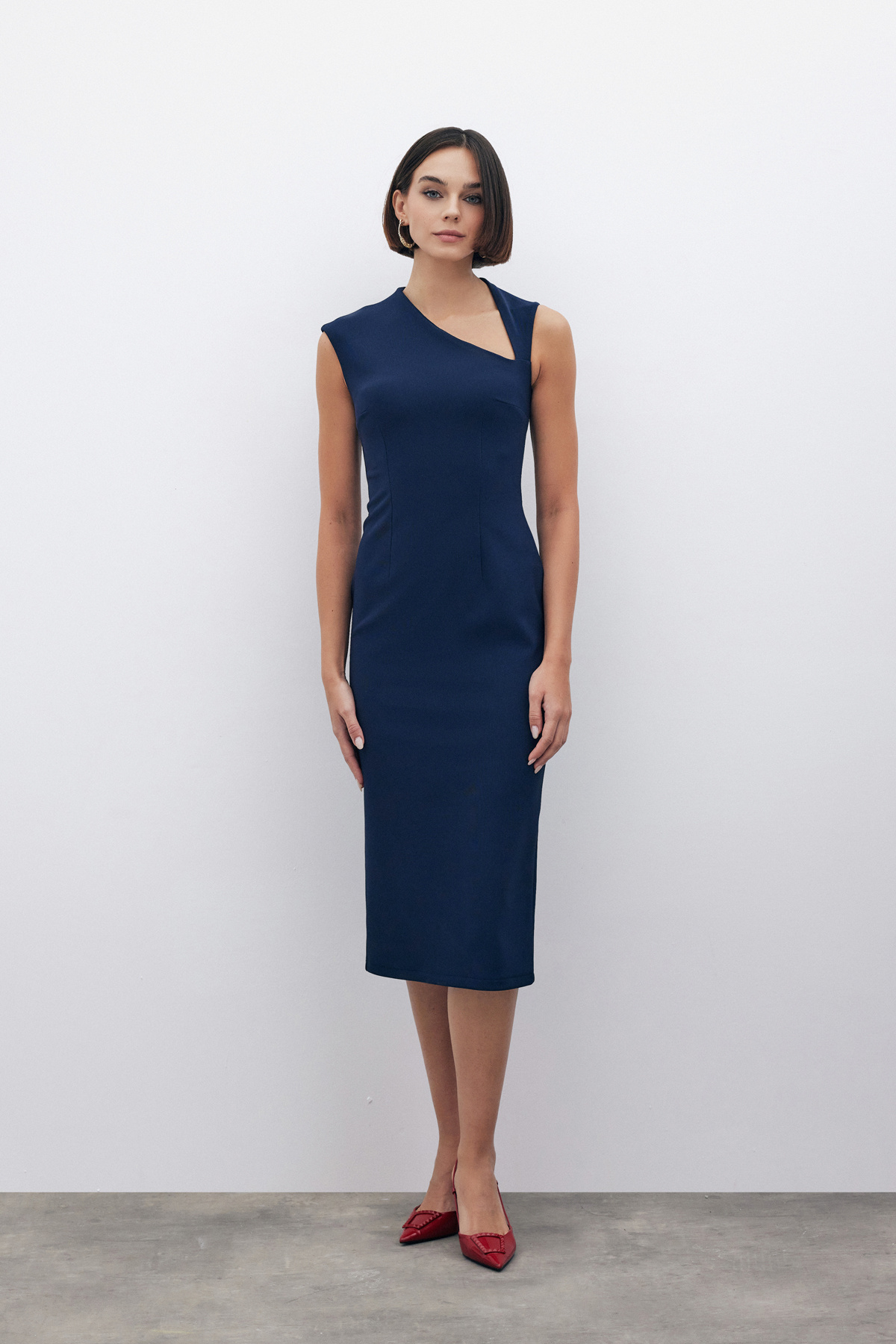 Asimetrik Midi Boy Elbise - LACİVERT