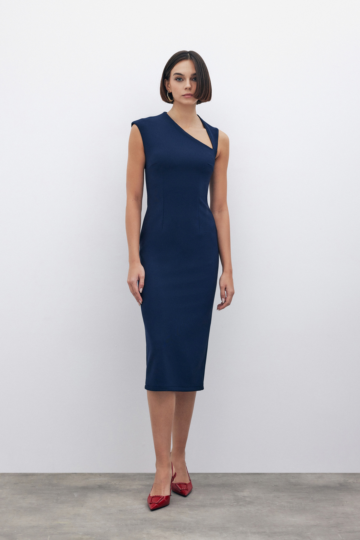 Asimetrik Midi Boy Elbise - LACİVERT