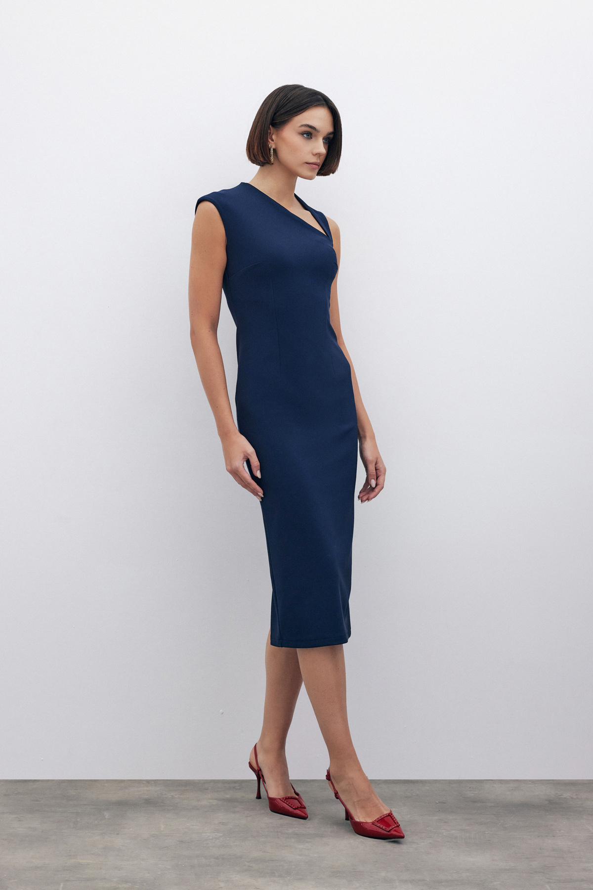 Asimetrik Midi Boy Elbise - LACİVERT