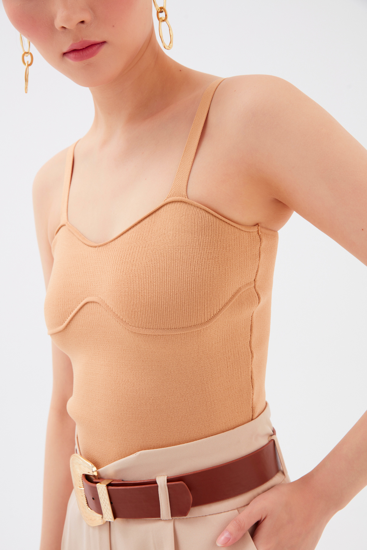 Askılı Crop Triko Bluz - CAMEL