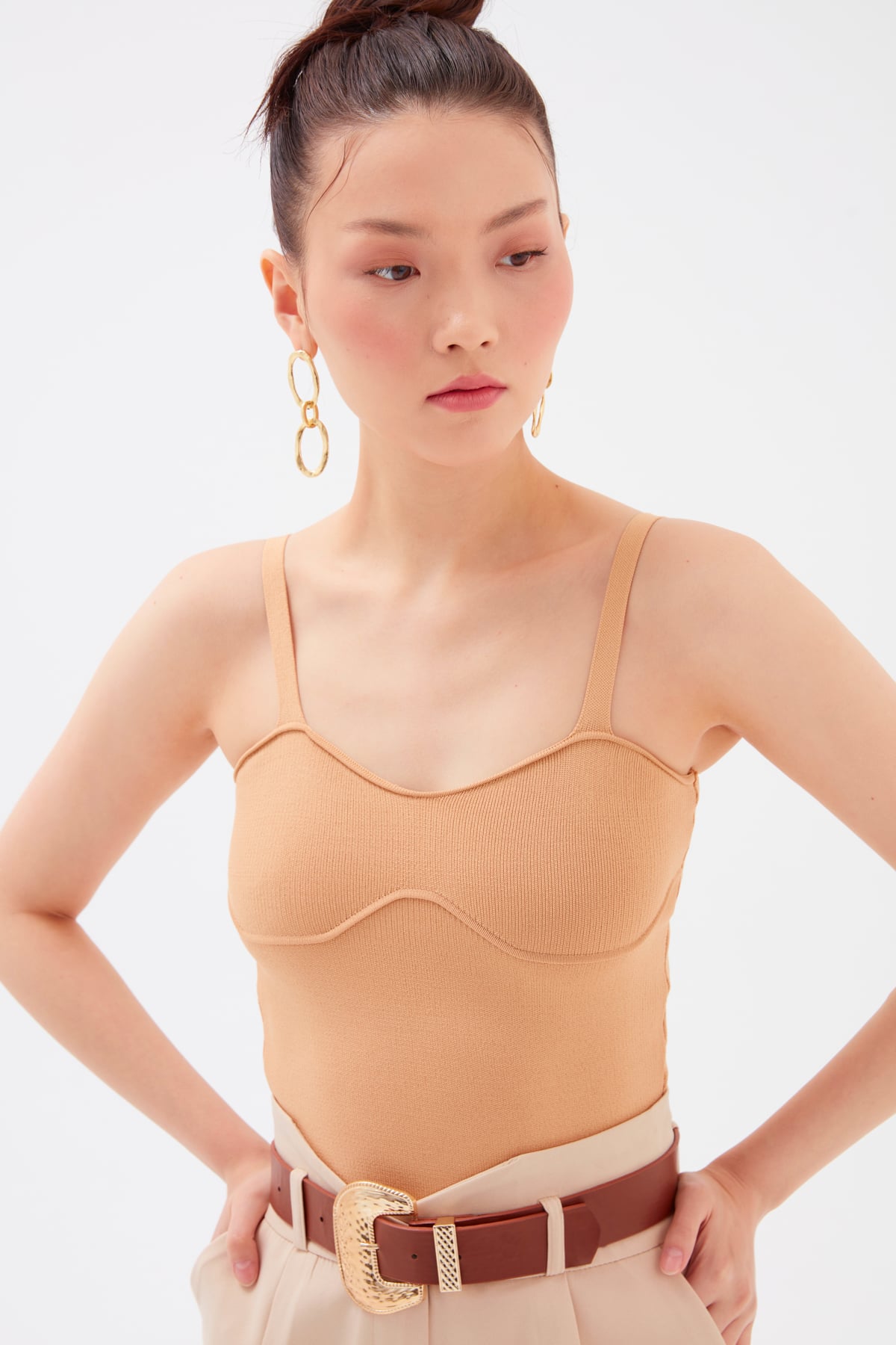 Askılı Crop Triko Bluz - CAMEL