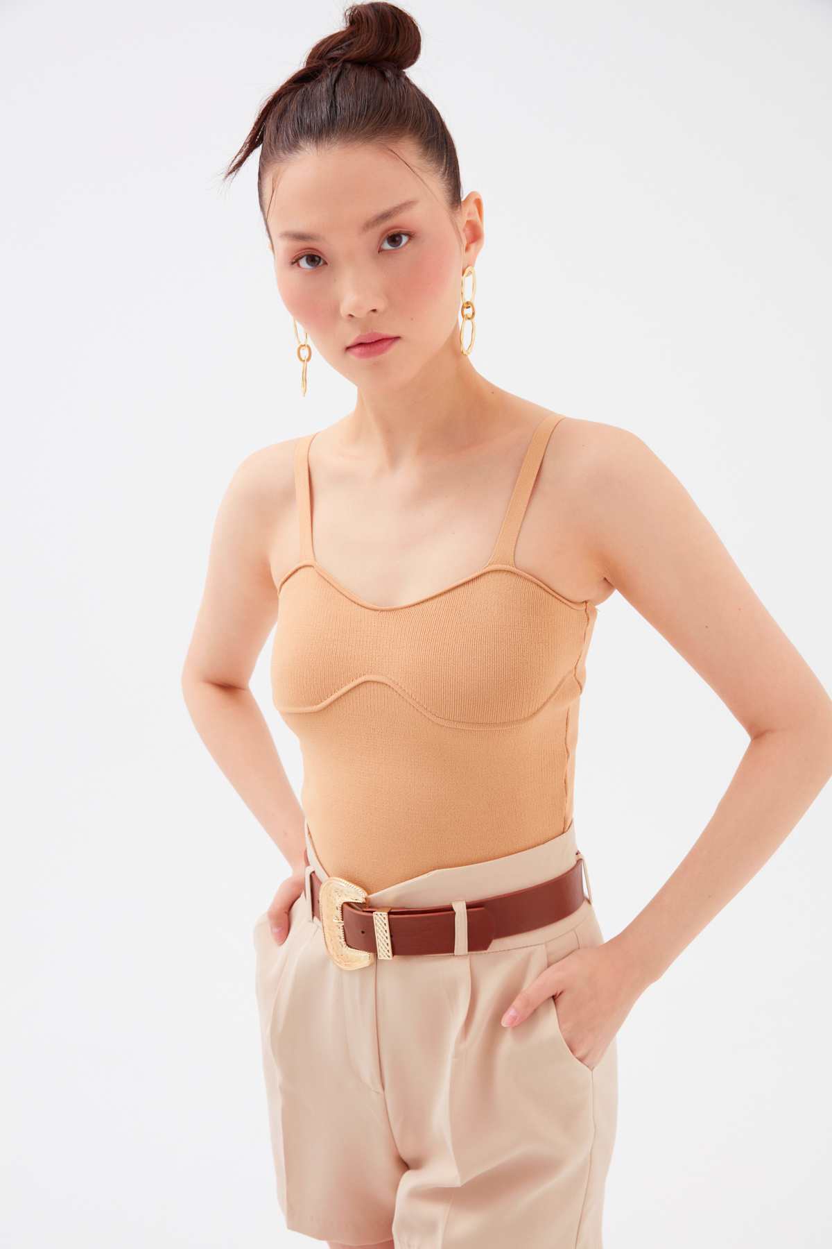 Askılı Crop Triko Bluz - CAMEL
