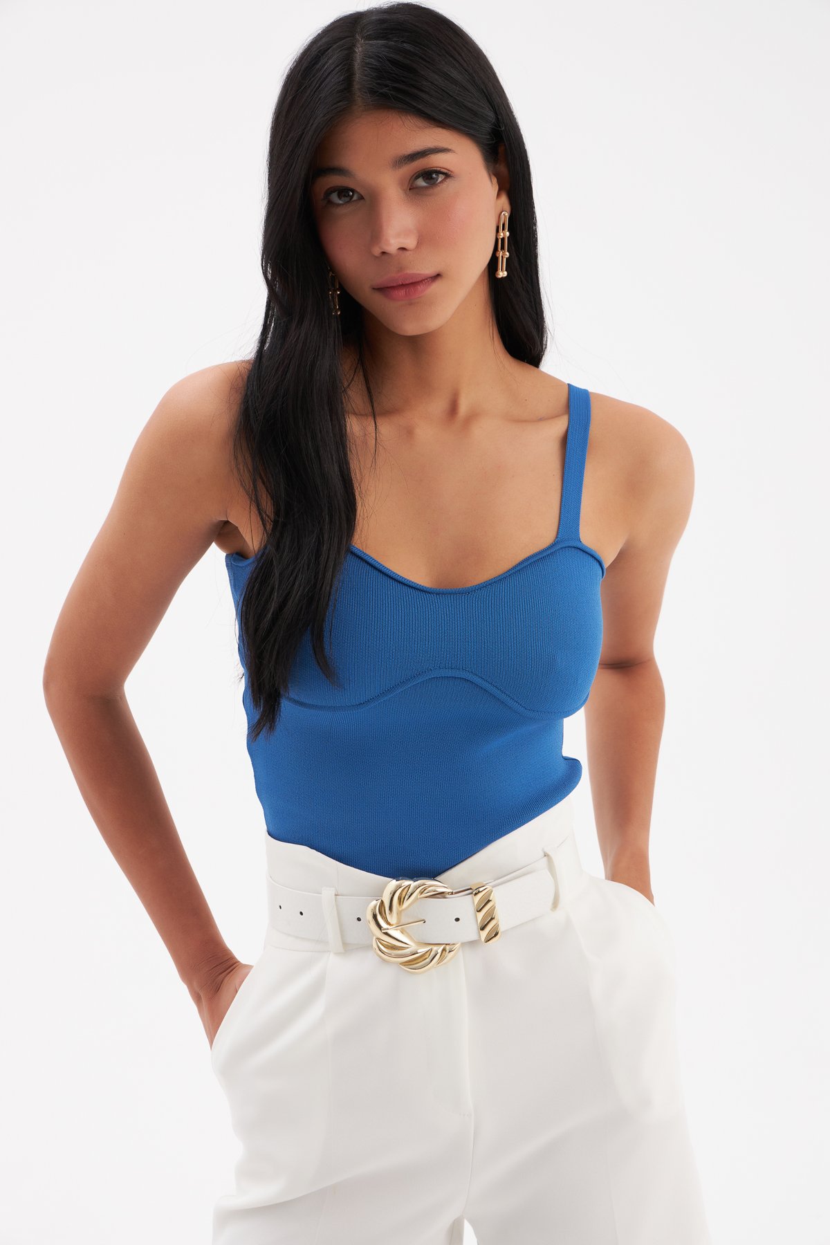 Askılı Crop Triko Bluz - MAVİ
