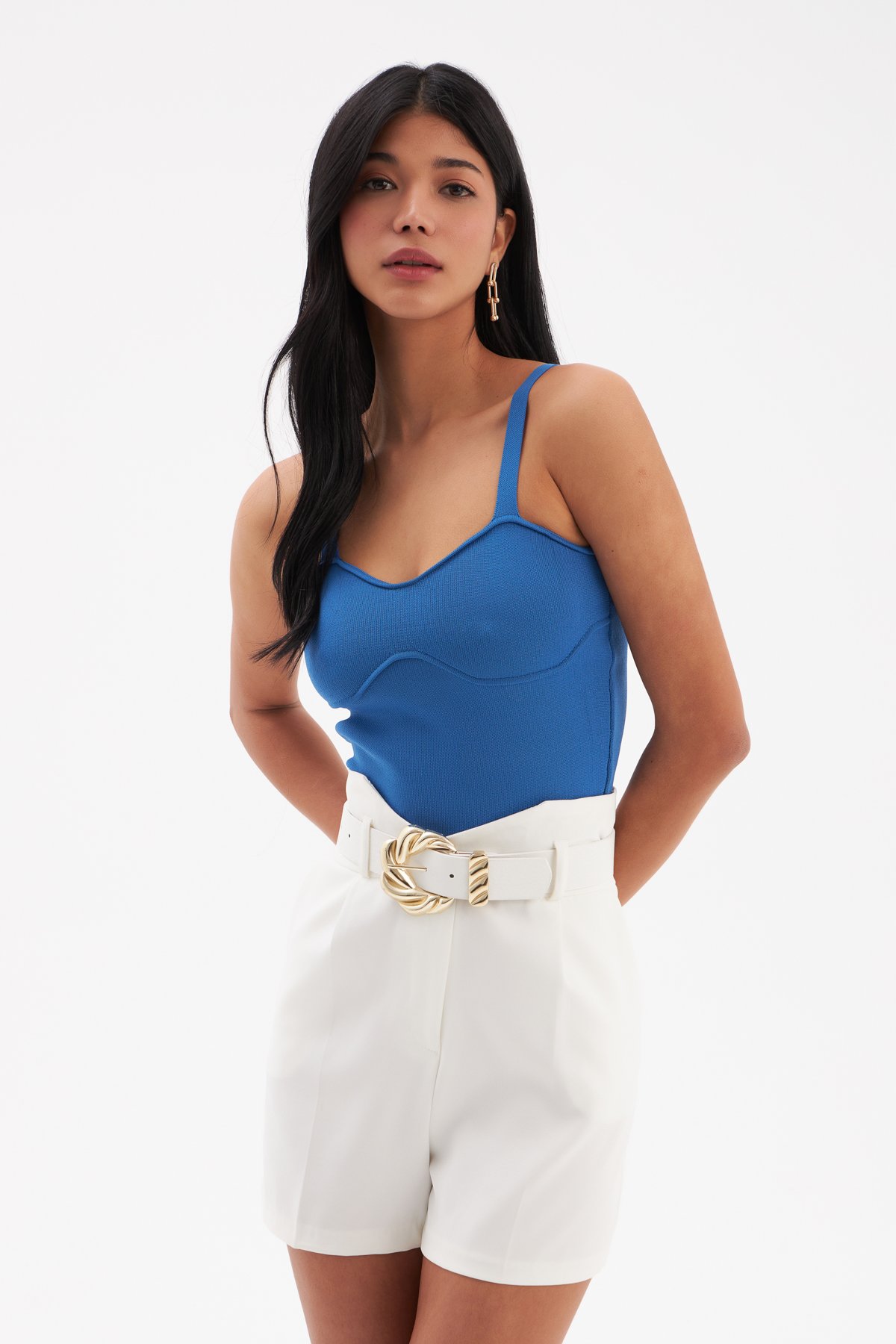 Askılı Crop Triko Bluz - MAVİ