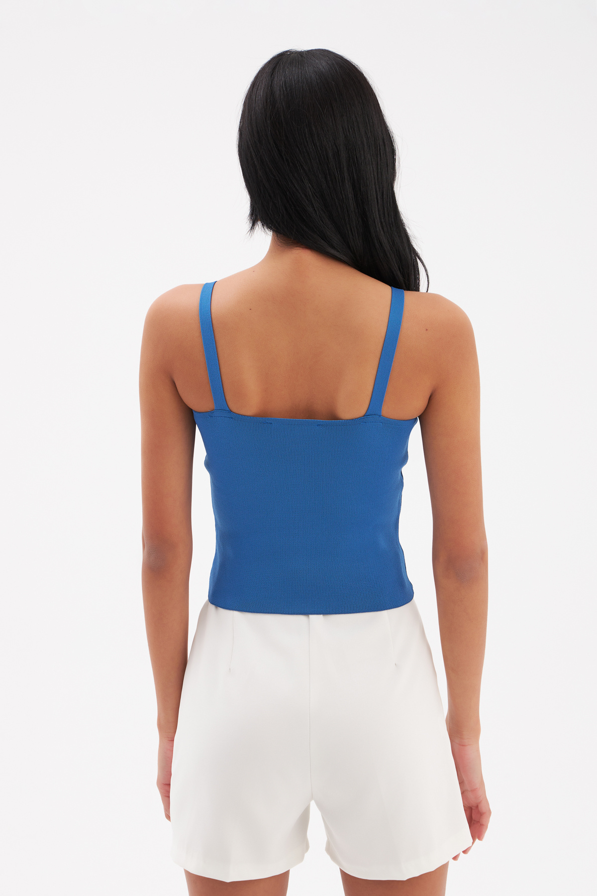 Askılı Crop Triko Bluz - MAVİ
