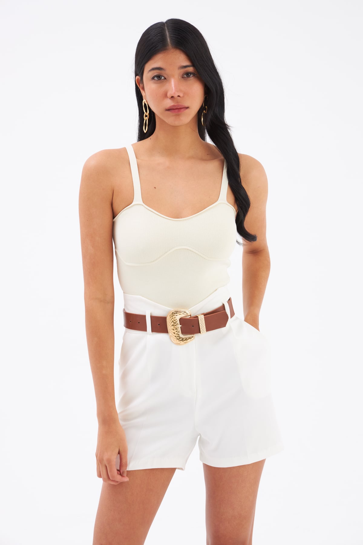 Strap Crop Knitwear Blouse - STONE
