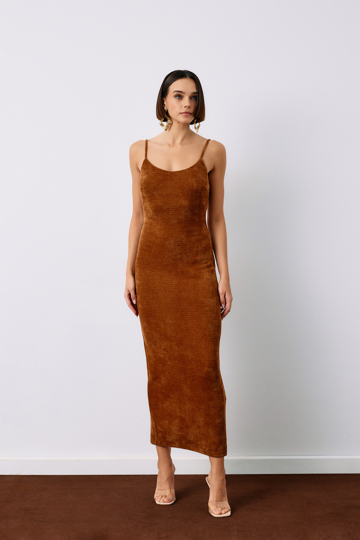 Strappy Velvet Midi Dress - BROWN