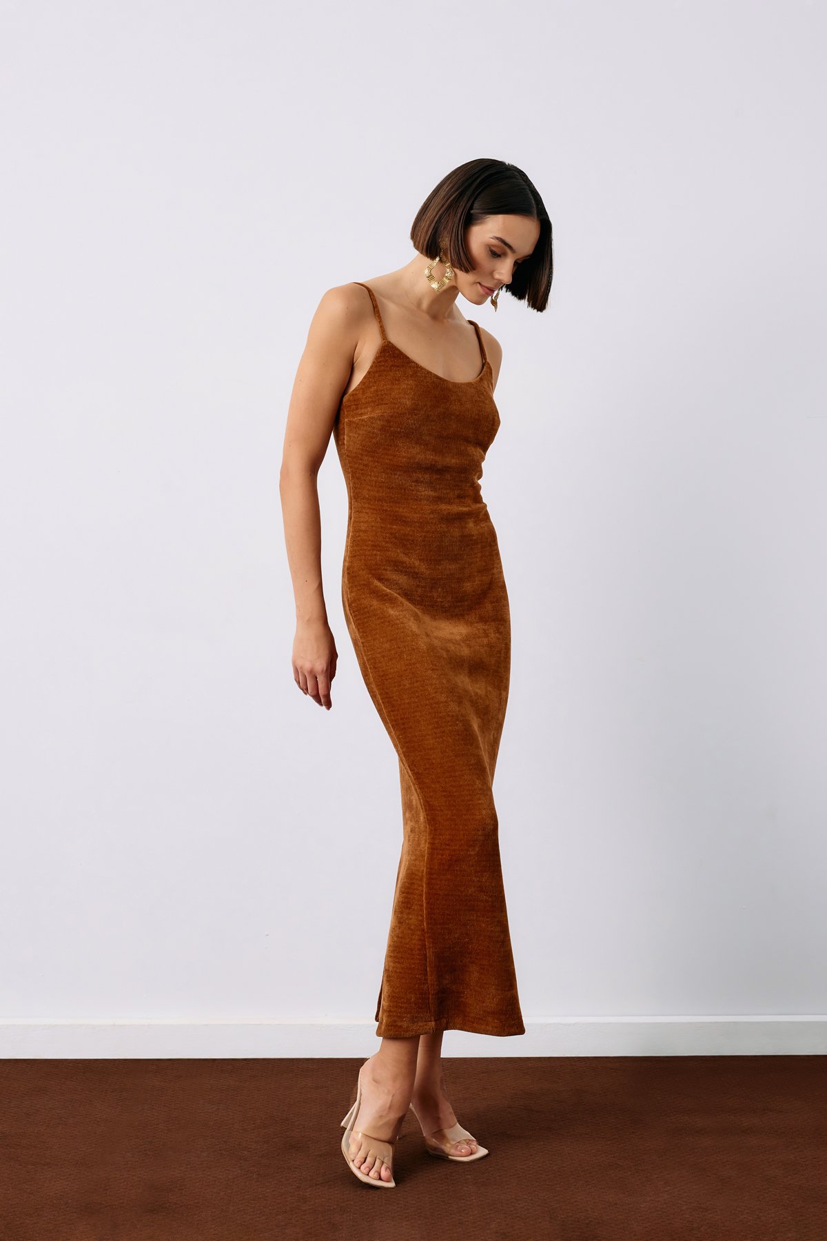 Strappy Velvet Midi Dress - BROWN