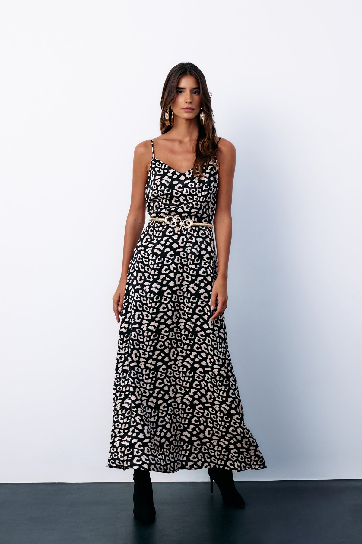 Askılı Leopar Desenli Saten Elbise - SİYAH