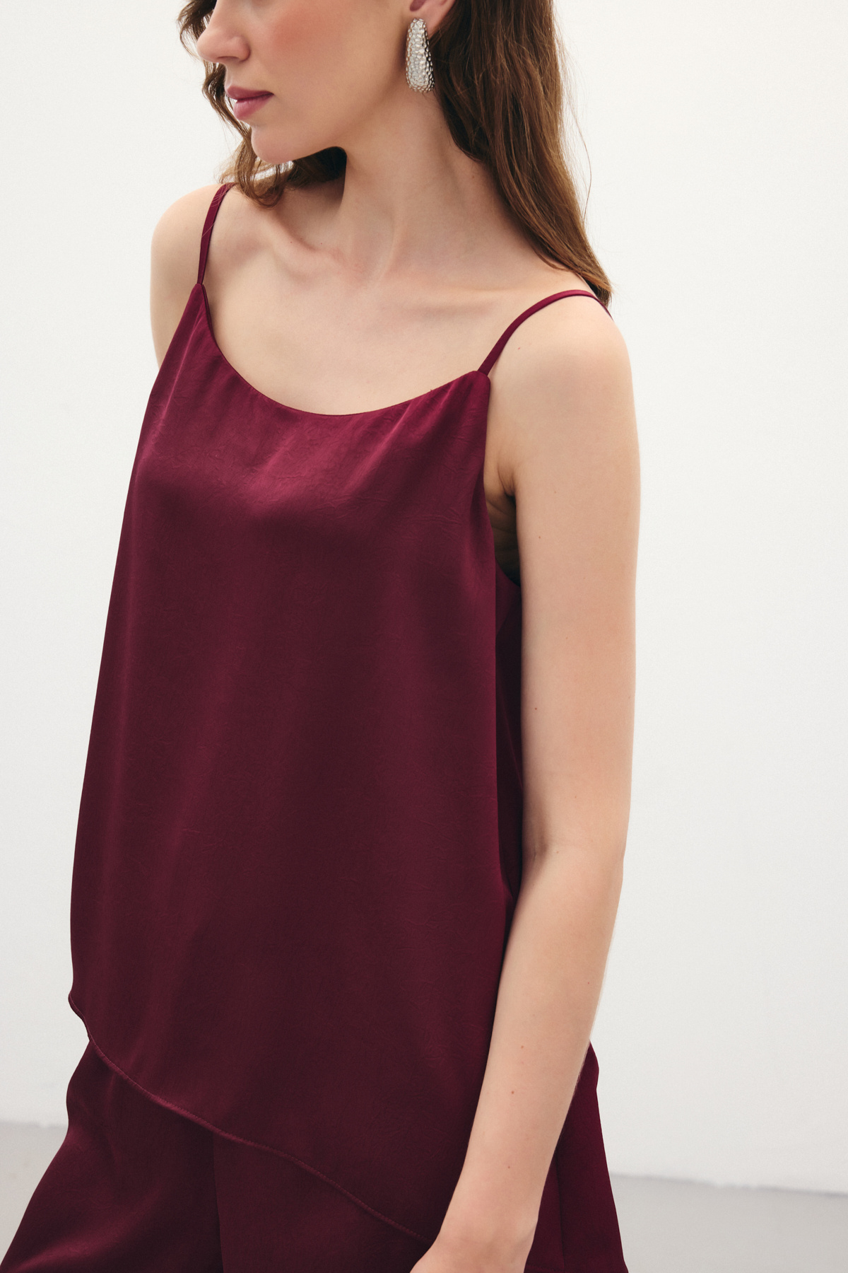 Askılı Saten Bluz - Bordo