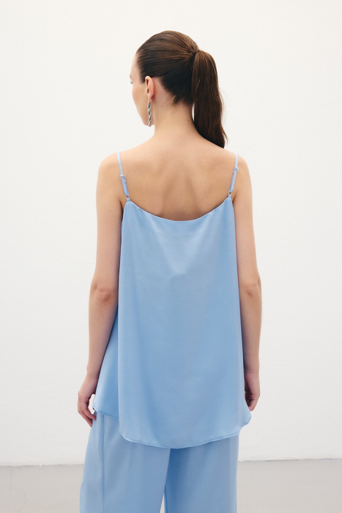 Askılı Saten Bluz - Mavi