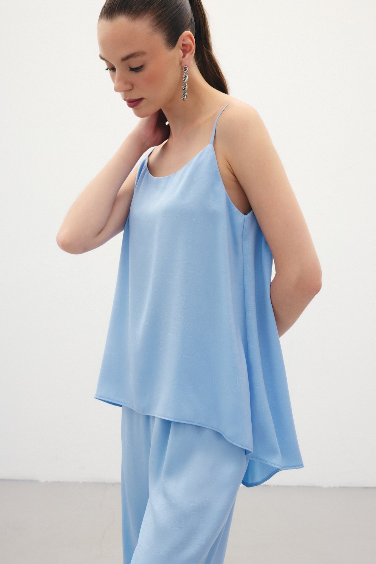 Askılı Saten Bluz - Mavi
