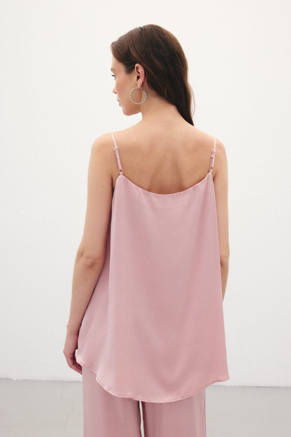 Askılı Saten Bluz - Pudra