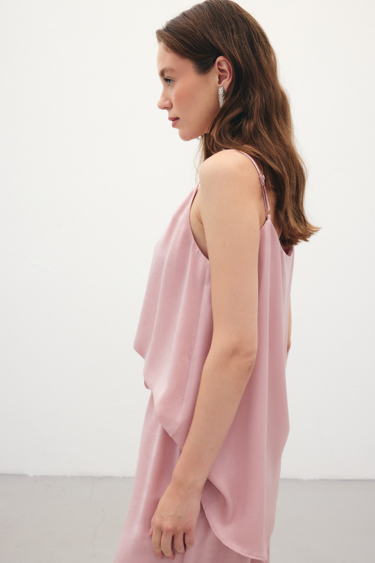 Askılı Saten Bluz - Pudra