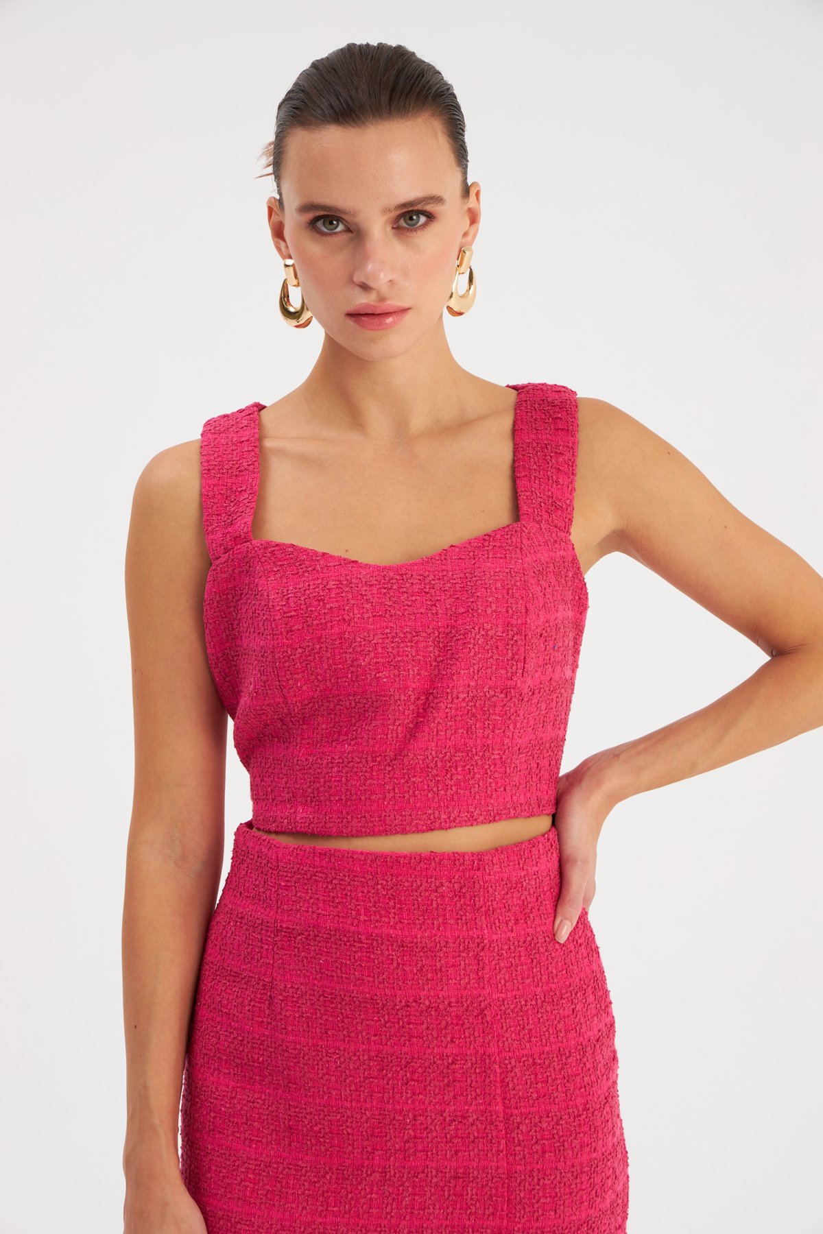 Askılı Tüvit Crop Bluz - FUŞYA