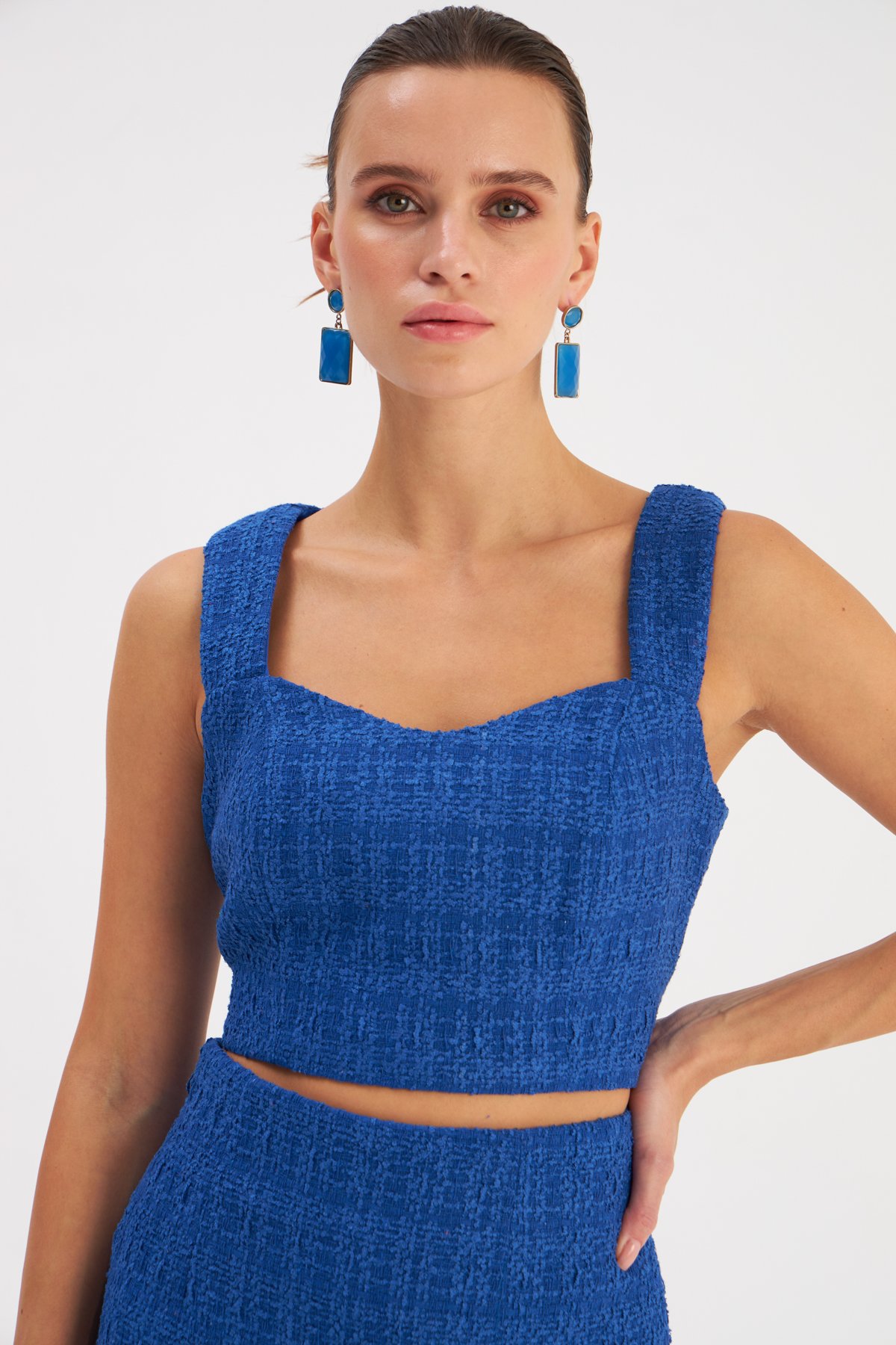 Askılı Tüvit Crop Bluz - SAX MAVİ