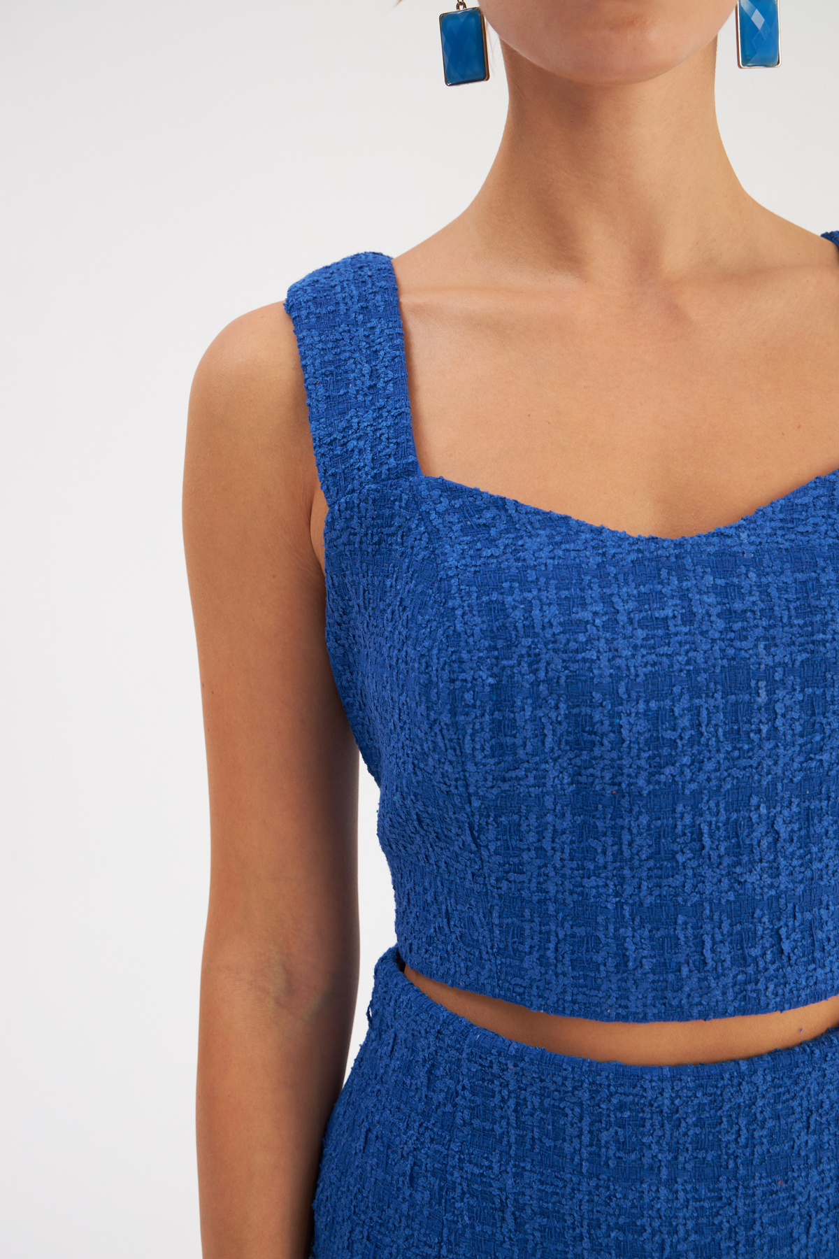 Askılı Tüvit Crop Bluz - SAX MAVİ