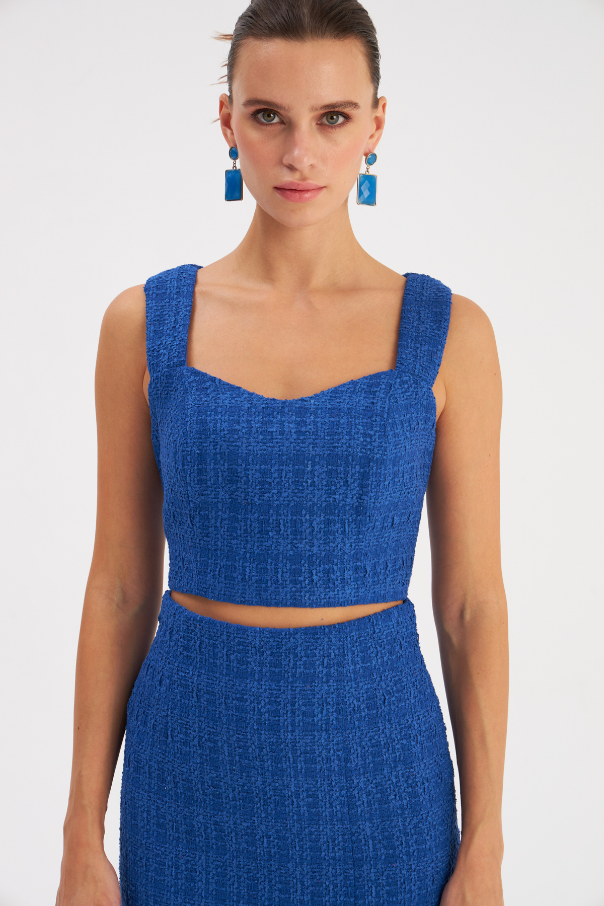 Askılı Tüvit Crop Bluz - SAX MAVİ
