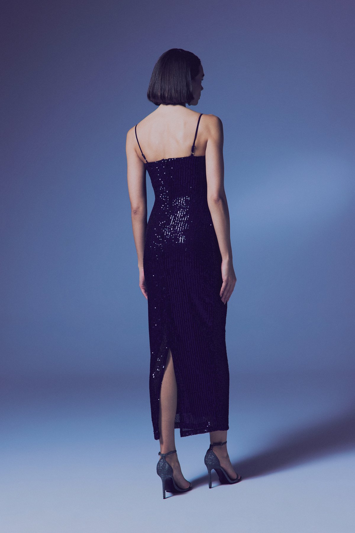 Askılı Uzun Payet Elbise - Lacivert