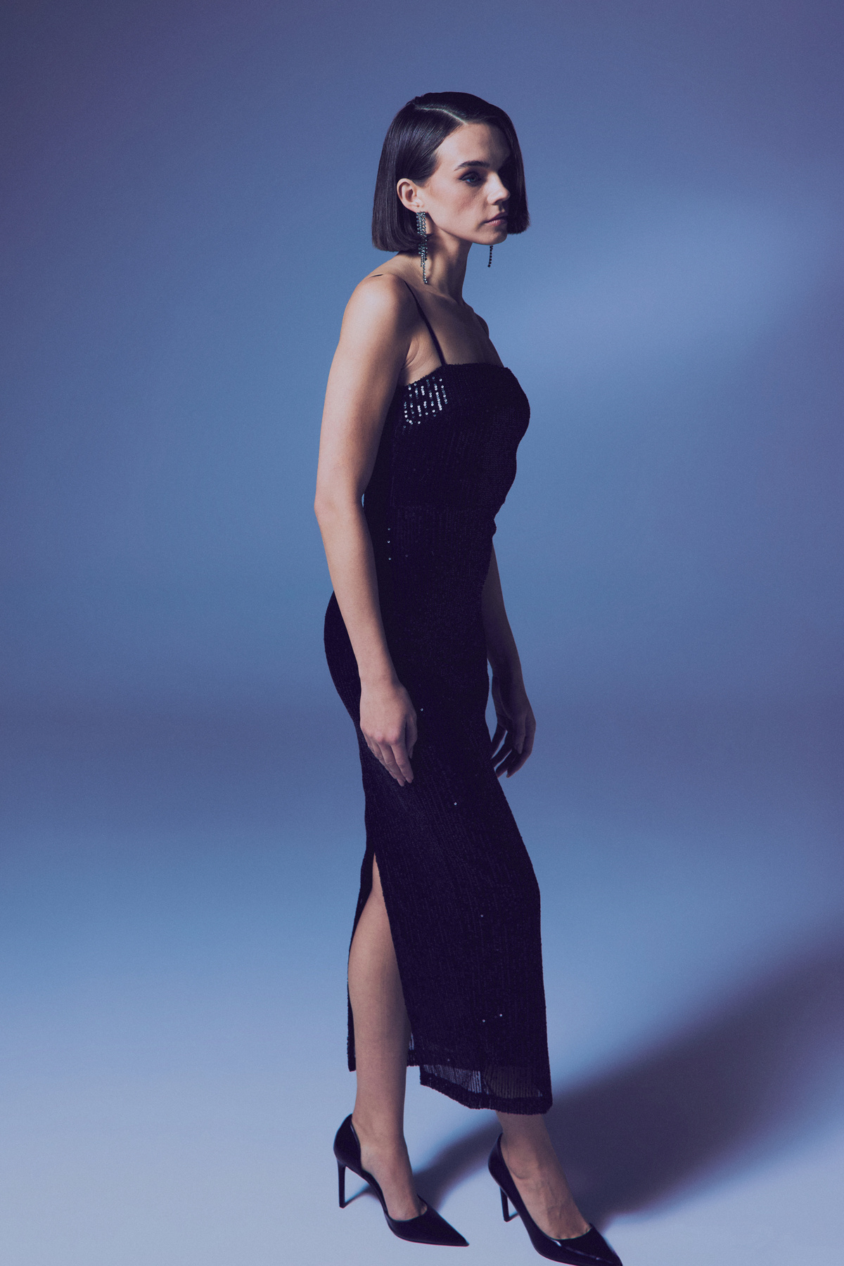 Askılı Uzun Payet Elbise - Siyah