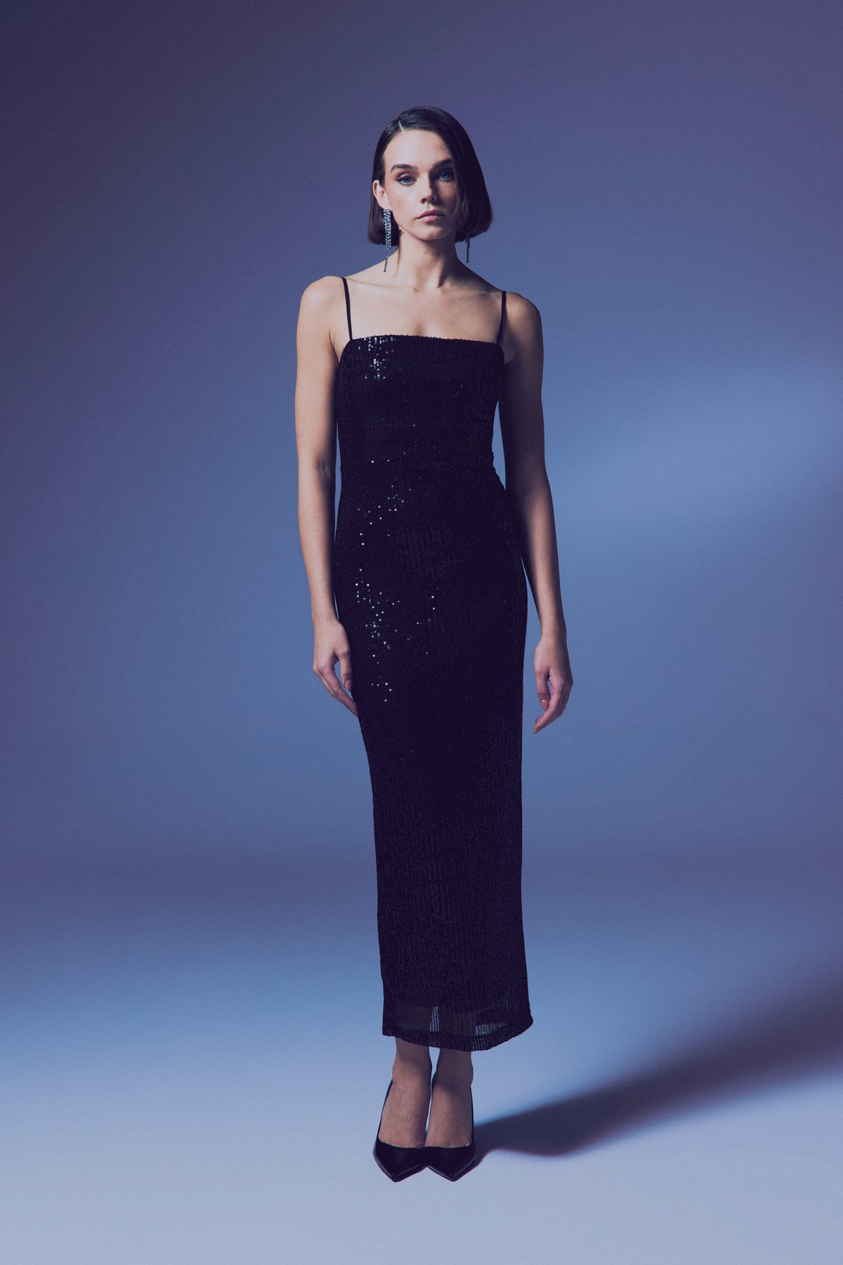 Askılı Uzun Payet Elbise - Siyah