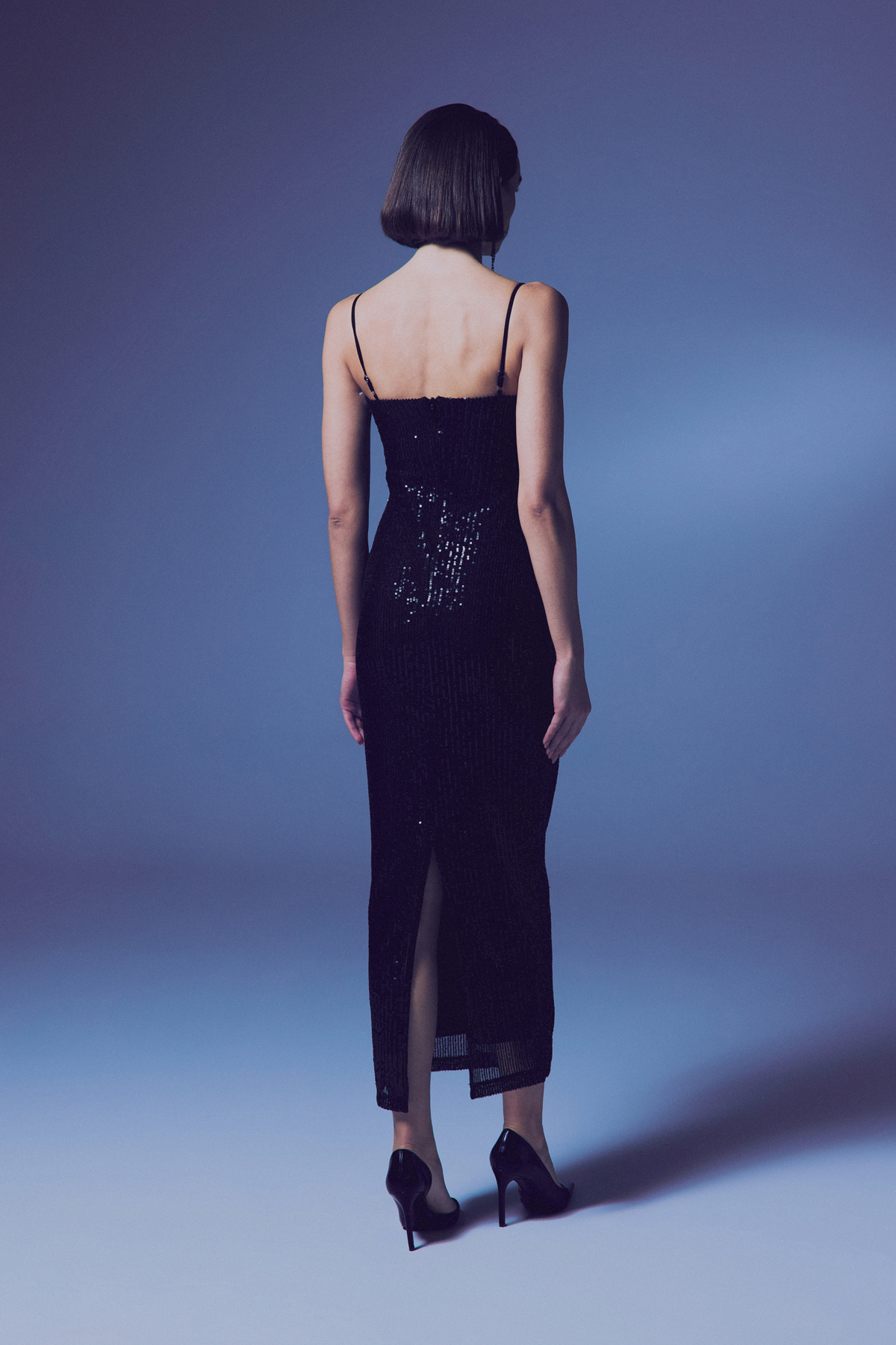 Askılı Uzun Payet Elbise - Siyah