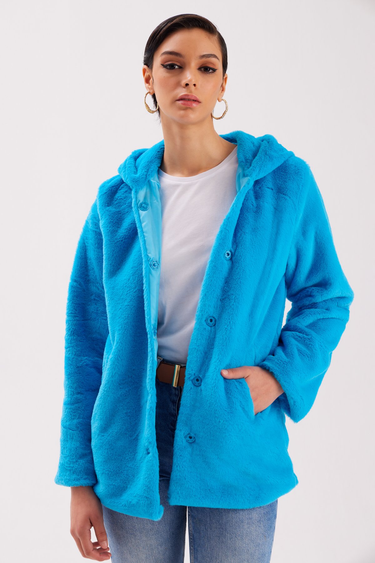 Astarlı Kapüşonlu Peluş Mont - MAVİ