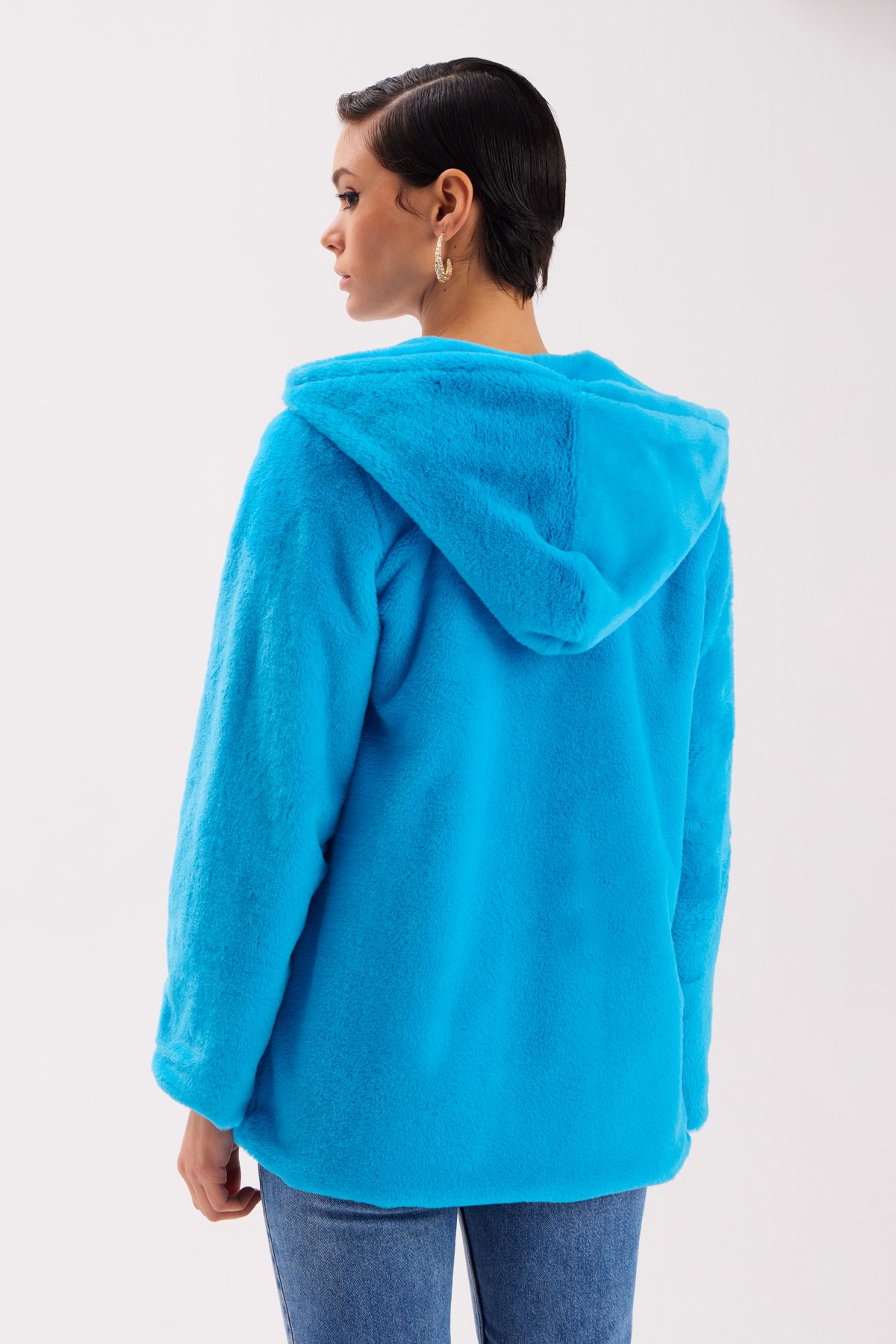 Astarlı Kapüşonlu Peluş Mont - MAVİ