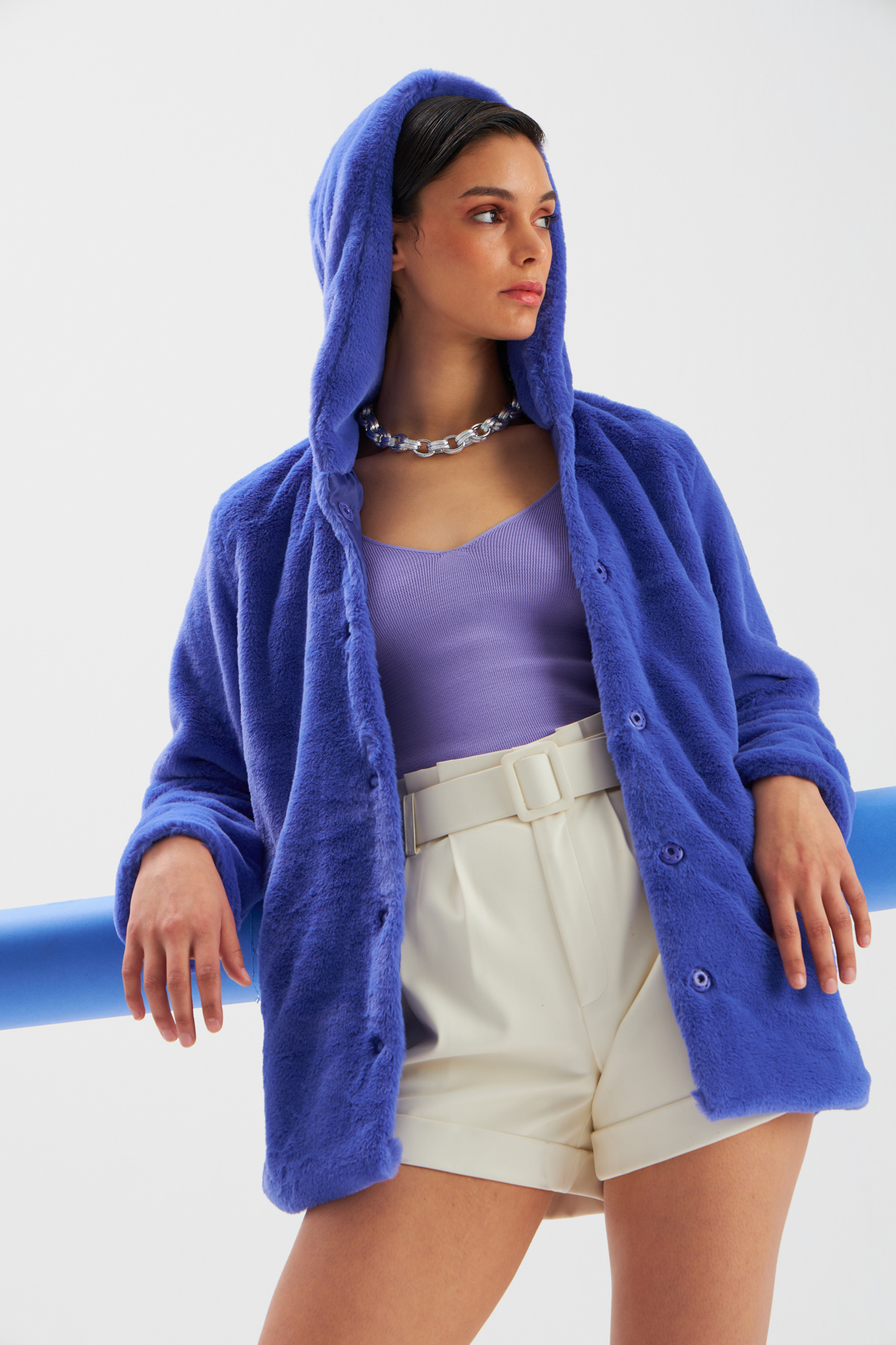 Astarlı Kapüşonlu Peluş Mont - MOR