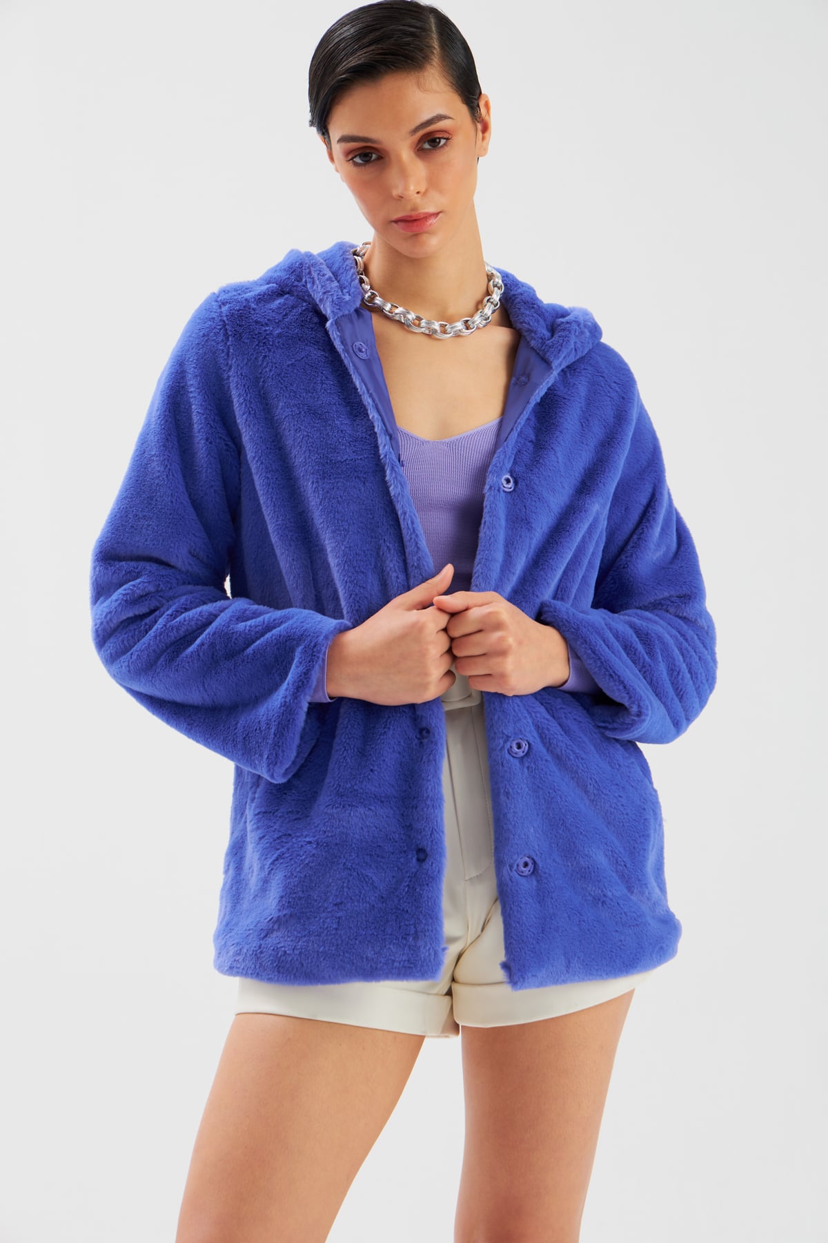 Astarlı Kapüşonlu Peluş Mont - MOR