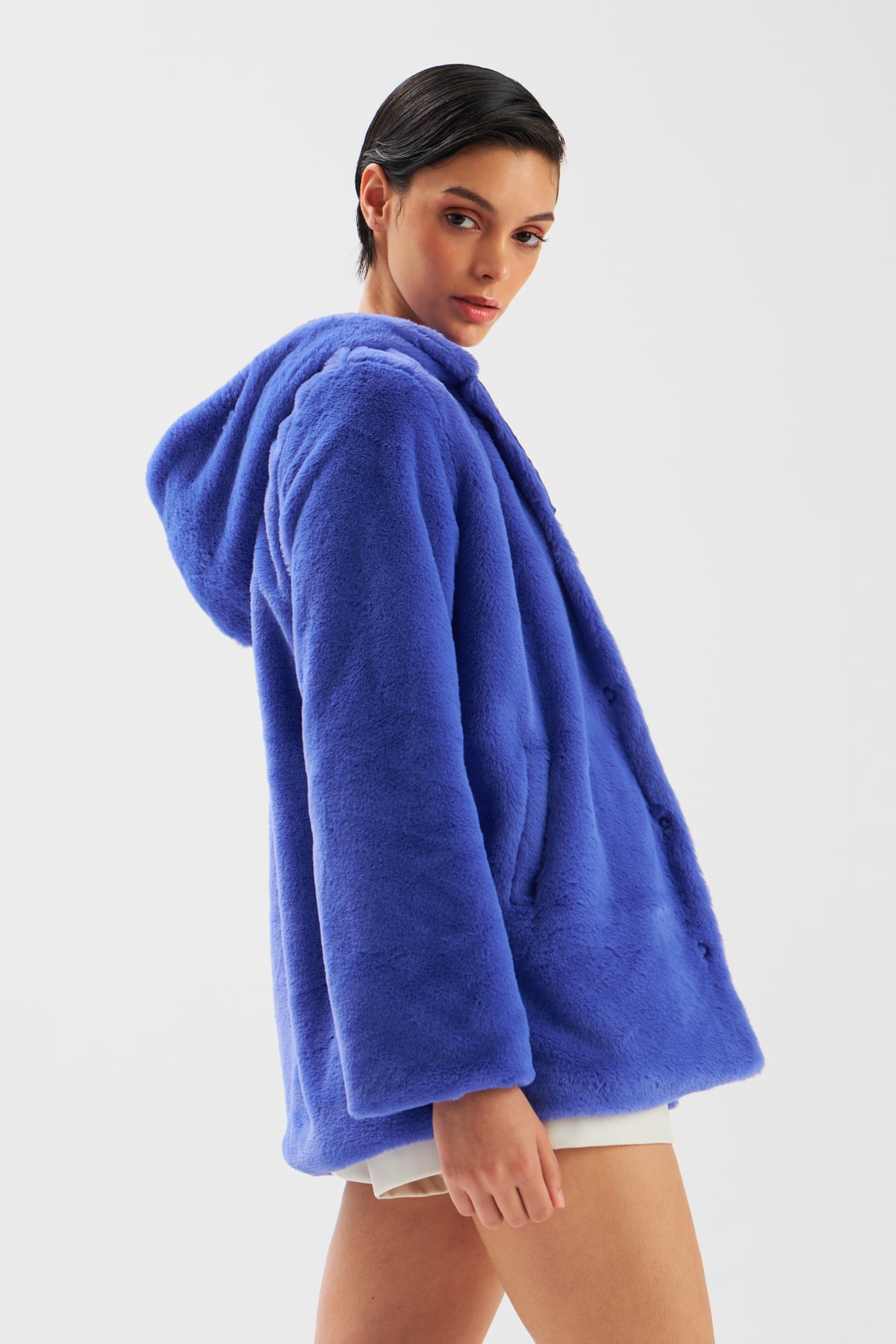 Astarlı Kapüşonlu Peluş Mont - MOR