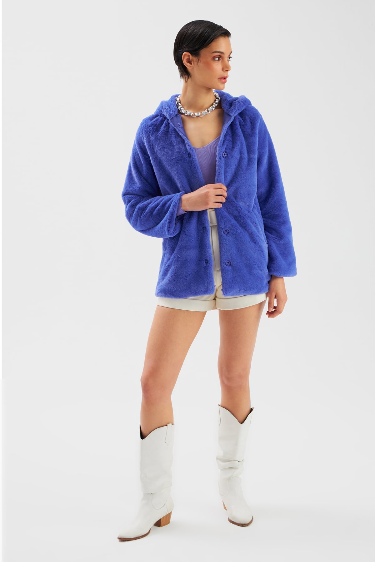 Astarlı Kapüşonlu Peluş Mont - MOR