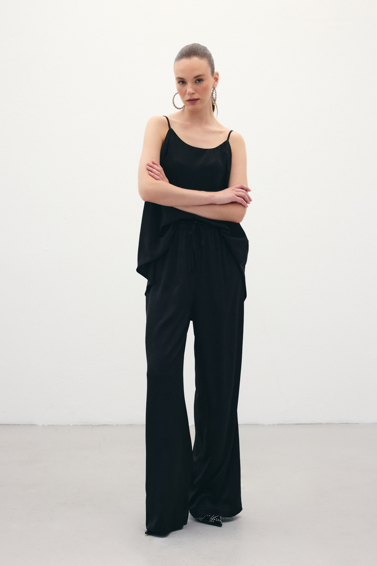 Bağcıklı Salaş Pantolon - Siyah