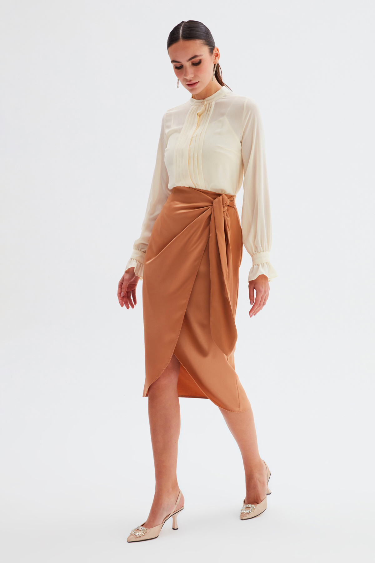 Bağlama Detaylı Kruvaze Etek - CAMEL