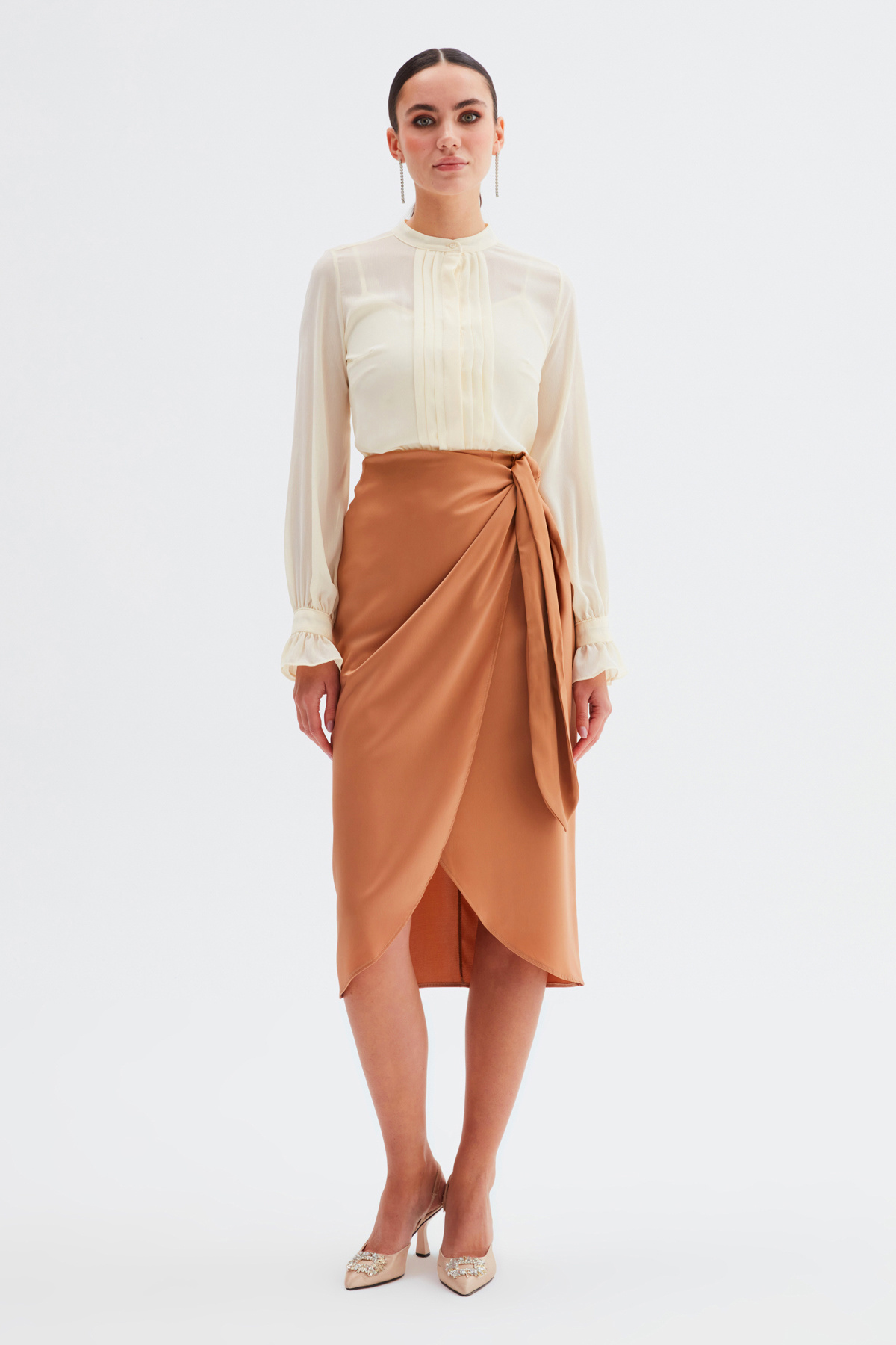 Bağlama Detaylı Kruvaze Etek - CAMEL